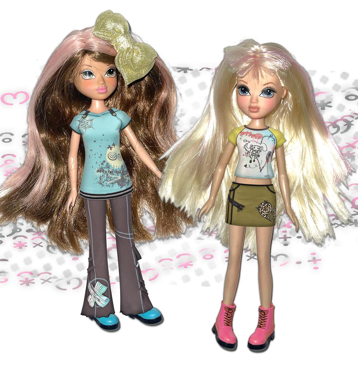 wo bratz dolls are shown against a white background with pink and gray scribbles. the doll on the left has brown and pink hair and wears a light blue graphic tee and brown pants. she also has on blue shoes and a large pink bow in her hair.  the doll on the right has blonde hair and wears a yellow graphic tee and a green and brown mini skirt. she is wearing pink boots. both dolls have long hair and are styled in fashionable outfits.