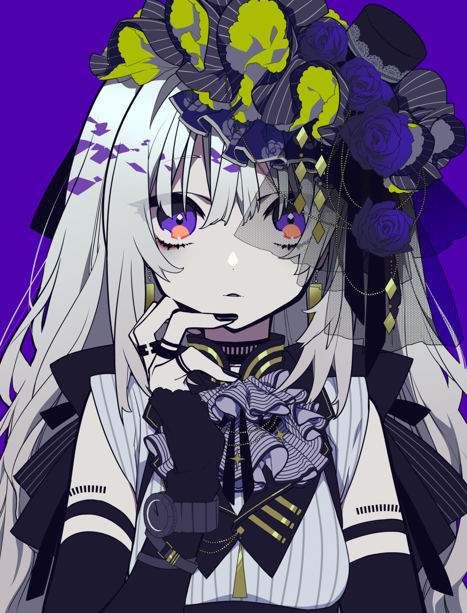 a digital art image of an anime girl with white hair, purple eyes, and elaborate darkcolored clothing and headwear. she has a finger on her lip as though in thought. her headwear includes roses and a small hat. her clothing includes a pinstripe shirt with a vest and ribbons. she is also wearing rings and gloves. the background is purple.