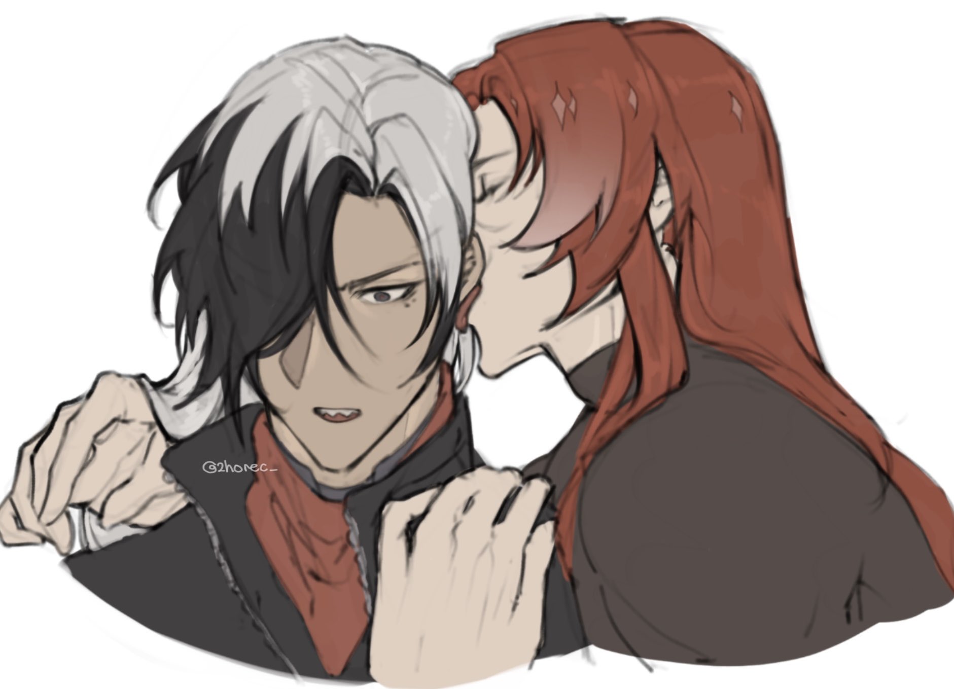 digital drawing showing a closeup of two animestyle characters, seemingly a couple, embracing intimately. the character on the left has dark and white hair, while the one on the right has long red hair. the one with red hair is whispering into the ear of the other, their hands gently caressing each other's shoulders. the art style is soft and slightly sketchy, with muted colors. the background is plain white.  the style suggests it may be fanart, potentially for a game like genshin impact.  the character designs suggest a possible albedo/itto ship.
