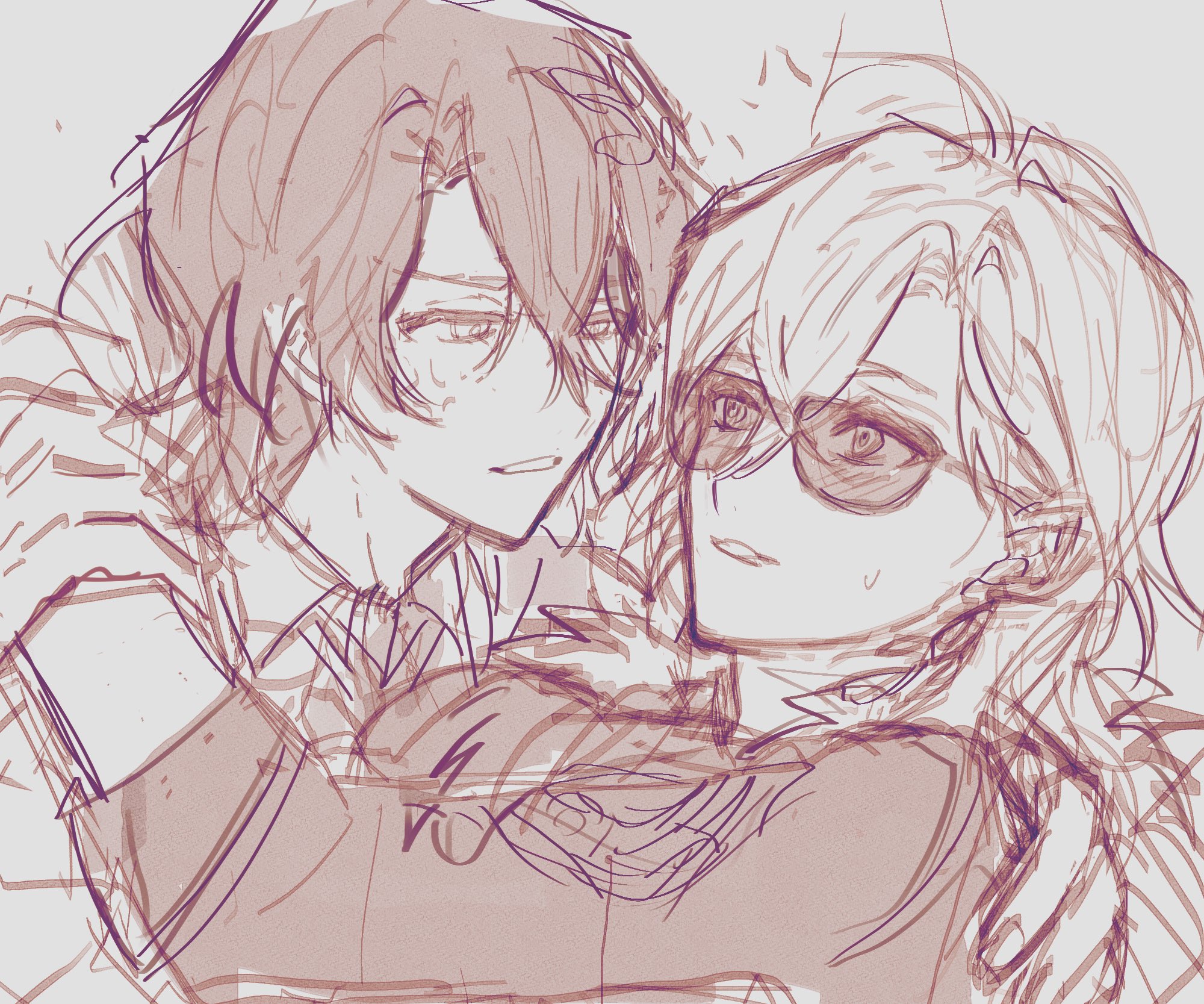 this is a sketch of two anime characters. the male character is on the left, with his arm around the female character on the right. the male character is looking down at the female character, and the female character is looking up at the male character with a sweet expression. the male character has short black hair and the female character has long white hair. the sketch is done in a simple style, with only a few lines. the image is black and white, with a light gray background.