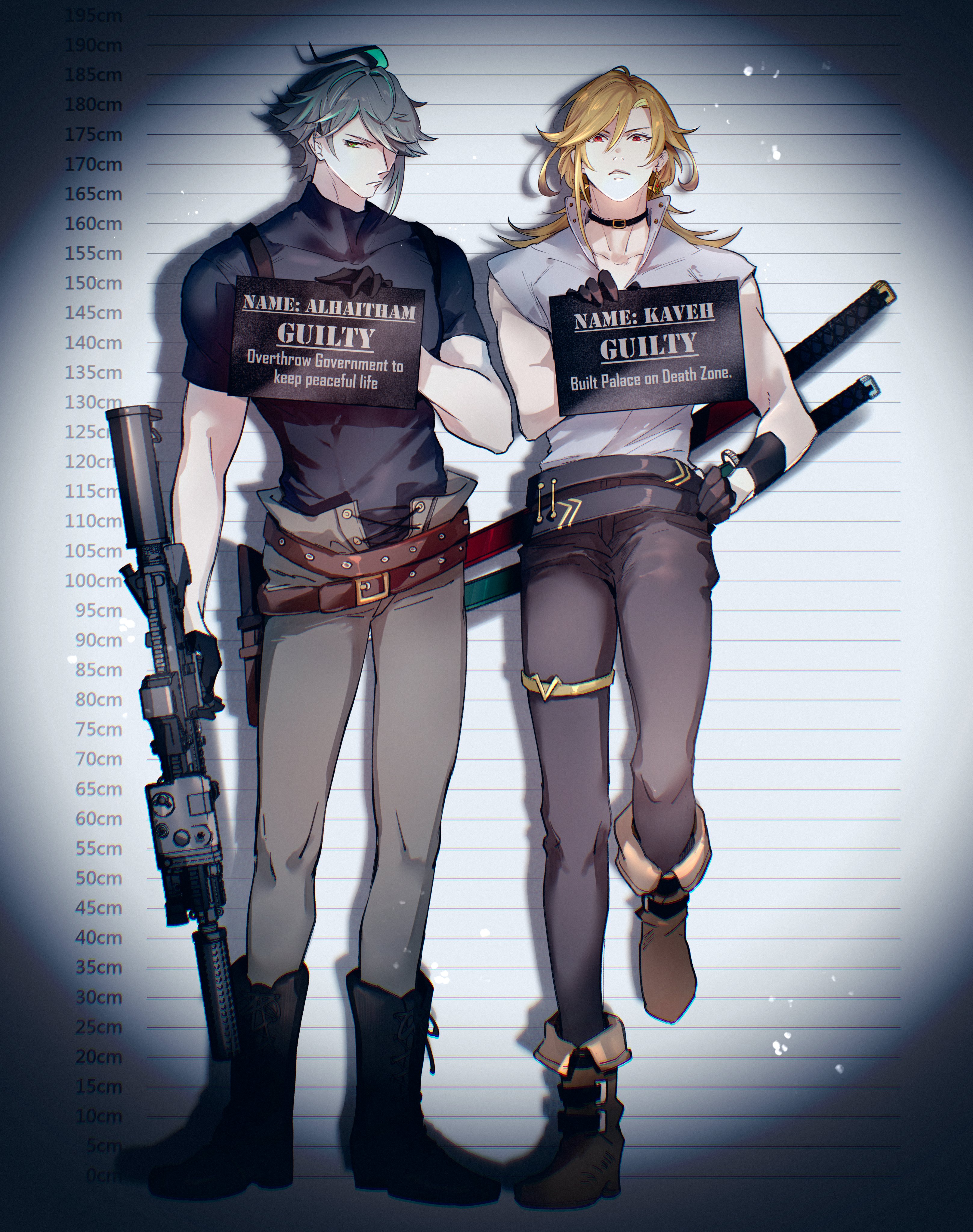 this is a digital fan art piece featuring alhaitham and kaveh from genshin impact. they are standing in a police lineup, holding signs indicating they are guilty of various charges. alhaitham holds a large rifle while kaveh holds a sword, both of them in front of a white lined wall.  the art style is anime/manga.