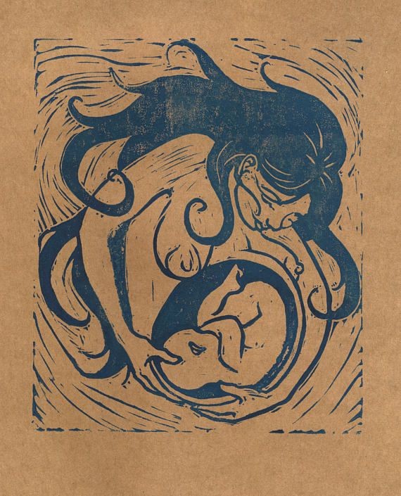 this is a woodblock print of a mother holding her baby. the mother is in a blue color on a brown background, with a stylized flowing hair. the mother's form is curled around her child, who is in the womb. the mother and child are surrounded by a flowing circular line.