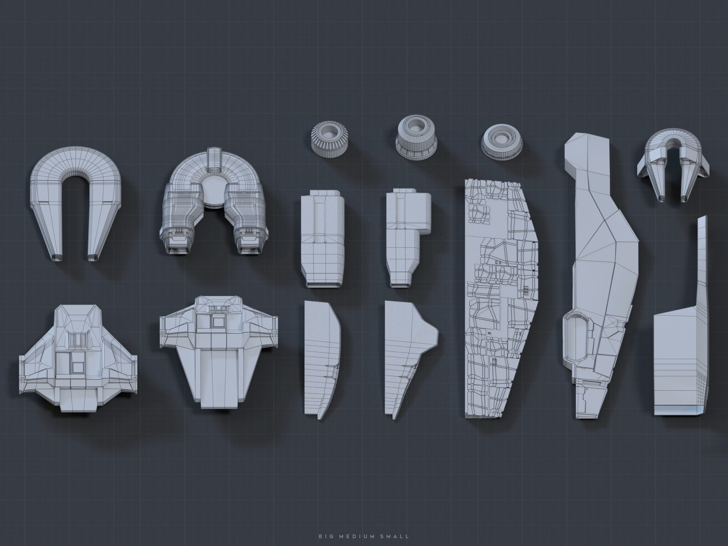 the image shows a wireframe model of a spaceship, broken down into its individual components.  the parts are arranged on a dark gray gridded background, providing a clear view of the ship's structure.  each part is distinctly outlined, allowing for a detailed examination of its shape and design. the style is clean and technical, suggestive of a design or engineering process.  the word "big medium small" is visible at the bottom, possibly indicating sizes or scales of the components.