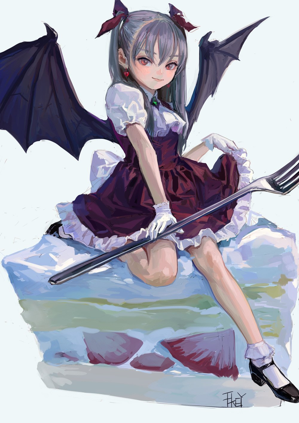 an anime girl with bat wings and red ribbons in her hair is sitting on a large piece of cake with strawberries. she is wearing a purple and white dress, white gloves, and black shoes. she is holding a large fork.