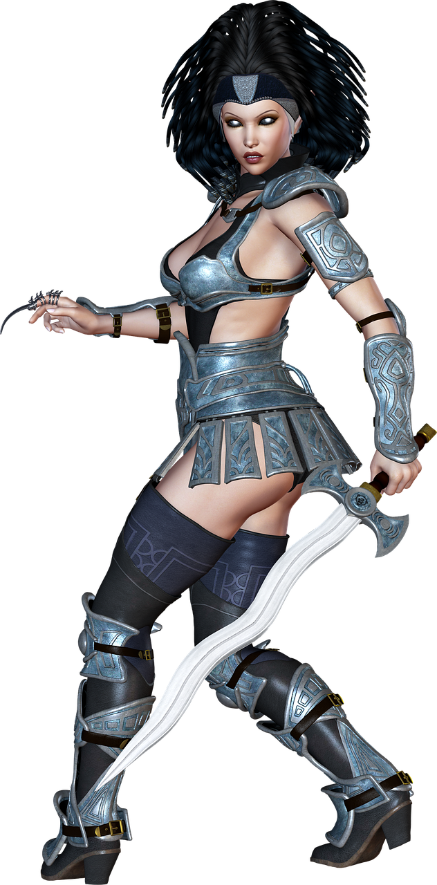 a digital rendering depicts a female warrior standing poised with a sword. she is clad in stylized armor, and has a determined expression. the background is solid black.