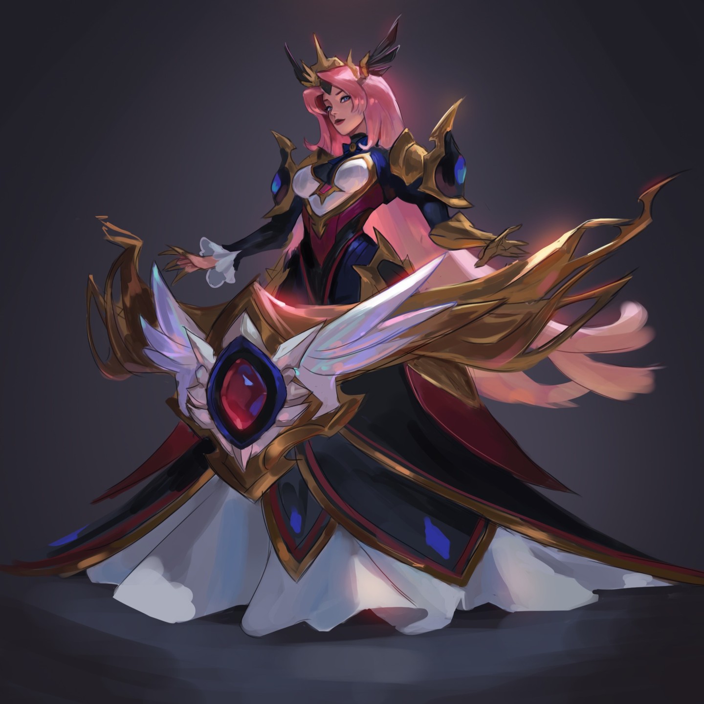 the image is a digital painting of a fantasy female character.  she's depicted in a regal and powerful pose, wearing an elaborate, ornate gown with gold and dark accents. the dress combines elements of a flowing ballgown with stylized, armorlike components.  her hair is long and pink, and she wears a crown or tiara.  she possesses large, iridescent wings partially integrated into the design of her dress.  the overall style is reminiscent of fantasy video game character art with a focus on visual detail and an elegant, powerful presentation.  the background is a muted, dark grey. the character's expression is one of composure and subtle confidence.