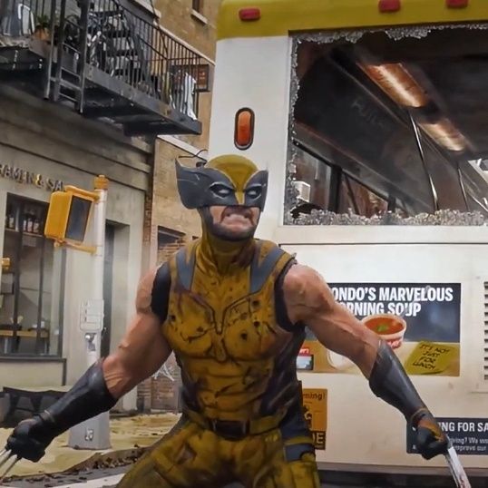 a costumed wolverine in a yellow and brown costume stands in front of a brokenwindowed bus, holding his claws. he is wearing a black mask and looking towards the camera. he is holding his claws and is in an action pose. there is a sign on the side of the bus that says "ondo's marvelous morning soup".