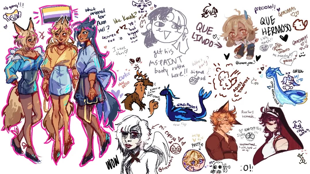 the image is a chaotic and vibrant collection of digital doodles and sketches. it appears to be a personal art piece, possibly a sketchbook page, featuring a mix of original characters (ocs) and potentially fanart.  there are several anthropomorphic characters, including furrystyle animals (foxes, possibly a fennec fox) and dragons.  the style is expressive and loose, with varied line weights and color palettes.  there's a mix of fully rendered characters and simpler, more sketchlike figures.  text is scattered throughout the image, including phrases in both english and spanish, expressing emotions and thoughts. the overall mood is playful and energetic.  the image shows a diverse range of characters in terms of appearance and style, with some elements potentially referencing anime and manga styles.