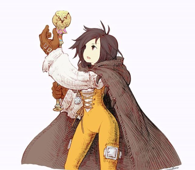 an illustration of an anime girl, dressed as a mage. she is holding a staff with a skulllike object on top. she is wearing a yellow jumpsuit, a white blouse, a brown cloak, and brown gloves. the artwork is in a light novel style, with detailed line work and soft colors.