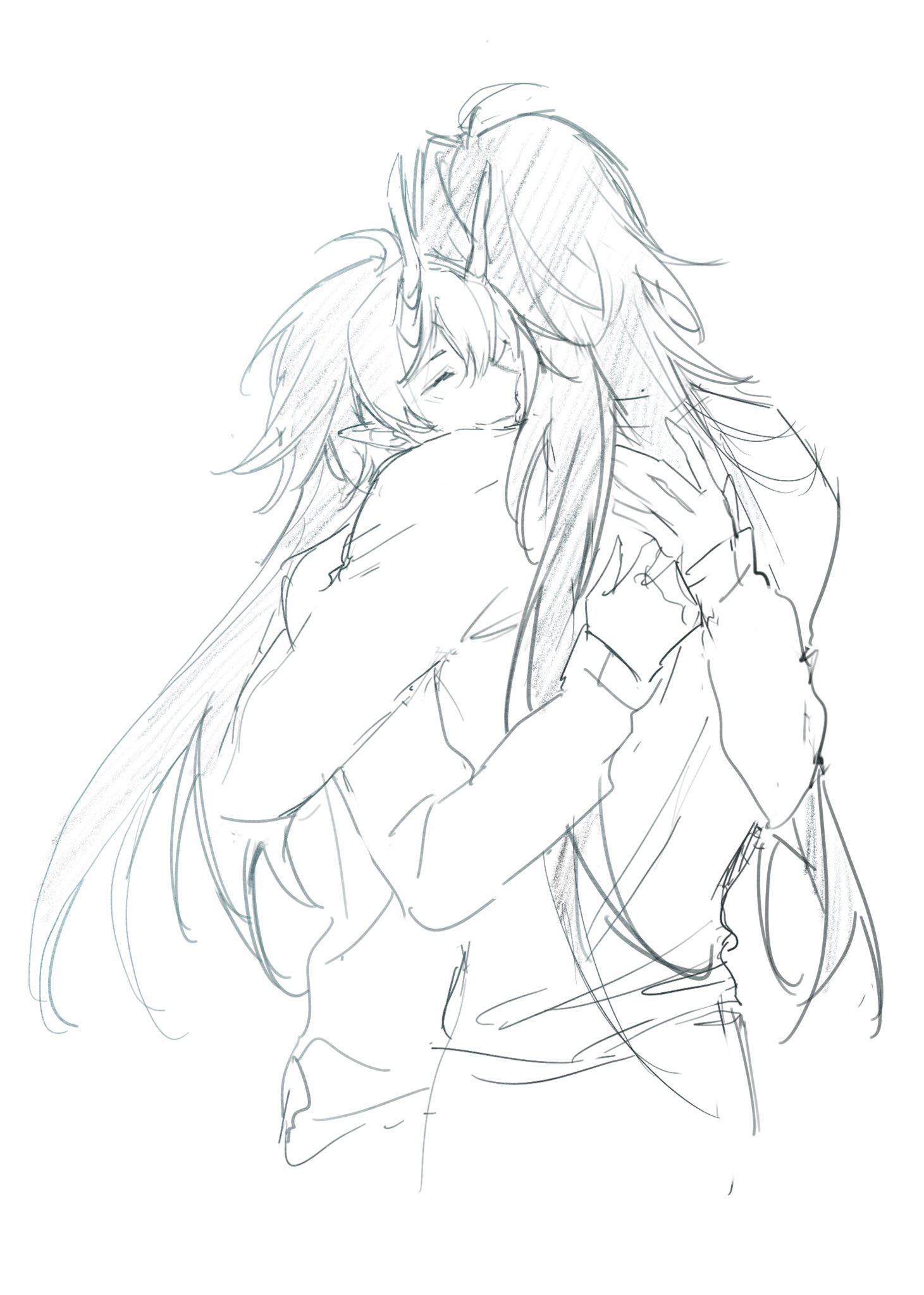 a pencil drawing of two anime girls hugging each other. they are both dressed in casual clothing and have long hair. the girl on the left is holding the girl on the right tightly, and both girls have their eyes closed. the drawing is in a soft, romantic style.