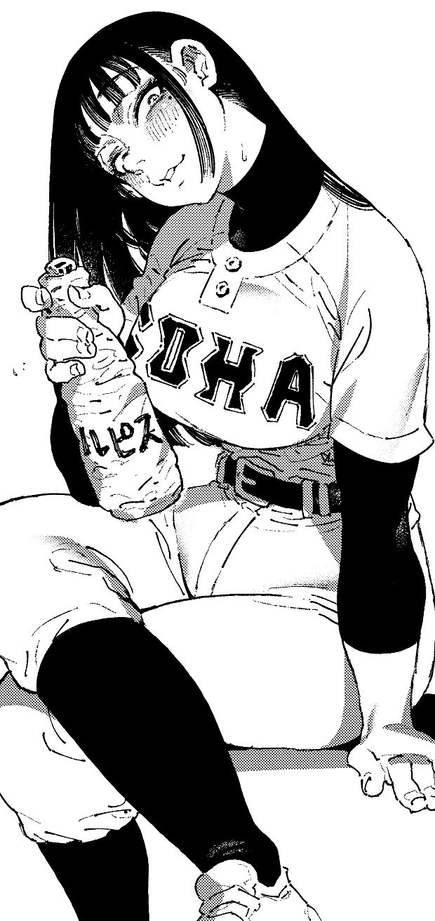 he image is a black and white illustration of an animestyle girl. she is sitting down, wearing a baseball uniform with the letters "oha" on the front. she is holding a bottle of something to drink and has a relaxed and happy expression on her face.  her long hair is styled in a way that partially obscures her face. the art style is reminiscent of manga or graphic novels.