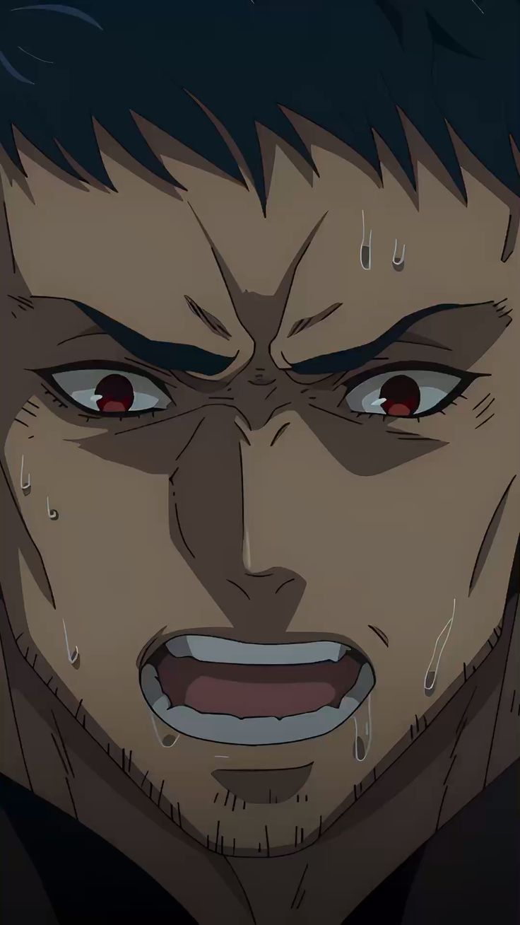 the image shows the lower half of a man's face. he is heavily stylized in the manner of anime or manga. he is heavily shadowed with sweat beading on his forehead and jaw.  his mouth is open in a yell and his eyes are wide and bloodshot.  he appears very angry.