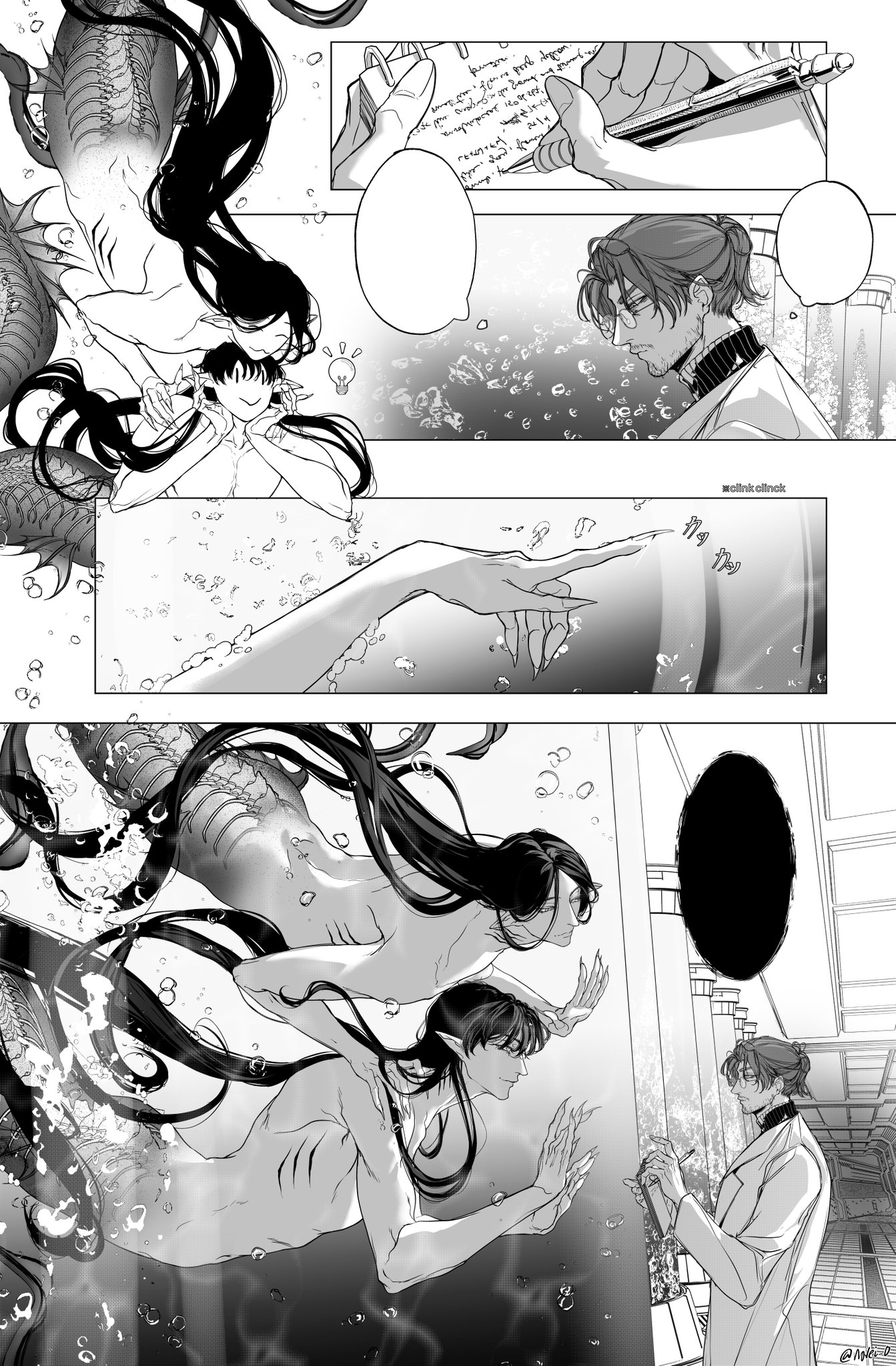 the image is a black and white manga style illustration of a scene from an underwater fantasy. two mermaids are seen swimming in the ocean, their long flowing hair trailing behind them. the mermaids have long, slender bodies and scaly fishtails. in the background, a man is seen holding a pen and looking over some papers.  he appears to be a human. the illustration is filled with bubbles and other details that create a sense of movement and fantasy. the overall mood of the image is mysterious and dreamlike.
