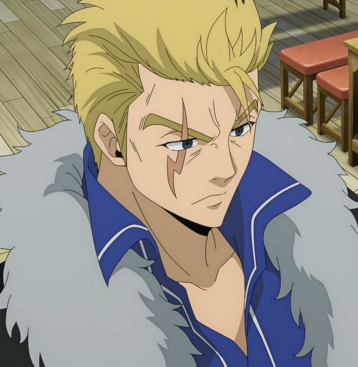 a closeup shot of an anime male character. he has blond hair and is wearing a blue shirt with a fur collar. he has a serious expression on his face and a scar under his left eye. he is looking to the side.