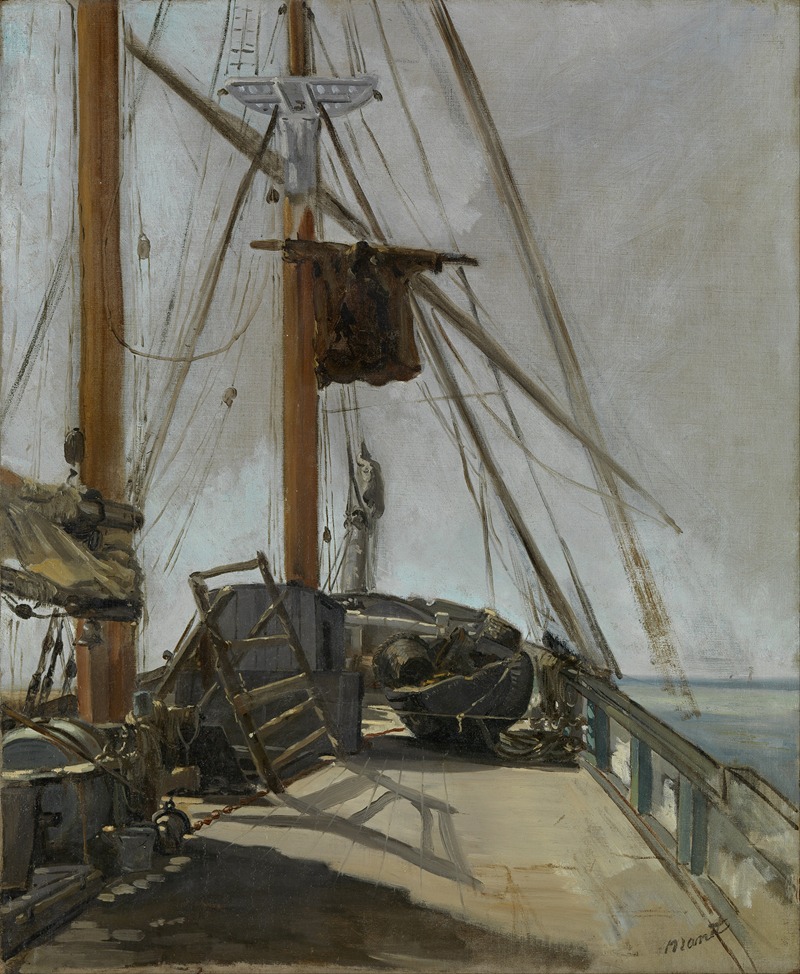 the image is an oil painting depicting the deck of a ship. the view is from the deck looking towards the masts and rigging. the ship's deck is visible with various nautical components such as ropes, ladders, and wooden structures. the masts stretch upwards, accompanied by intricate rigging lines. the artwork captures a maritime scene with a focus on the ship's architecture and nautical details. the sea is visible in the background.