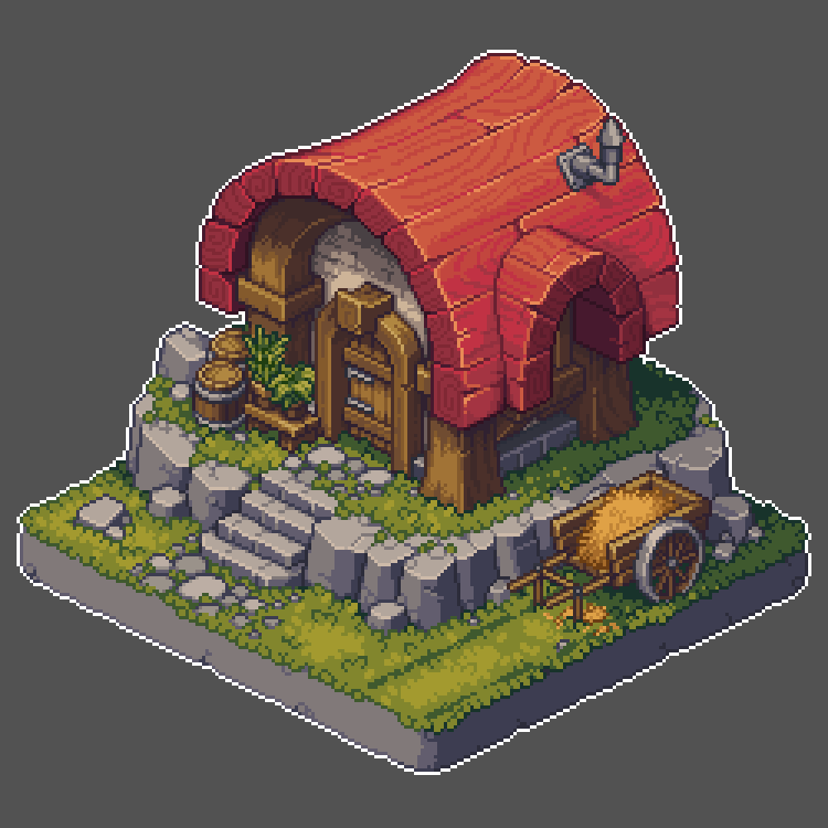 the image is a pixel art rendering of a charming isometric cottage. the building features a distinctive curved red roof, wooden walls and door, and stone accents.  it sits on a small grassy area with stone steps leading up to the entrance, flanked by barrels and potted plants. a small hayfilled cart is positioned beside the building, adding a rural touch to the scene. the style is reminiscent of a fantasy game or illustration, with a focus on detail and atmospheric lighting within the pixel art limitations. the overall aesthetic is quaint and inviting.