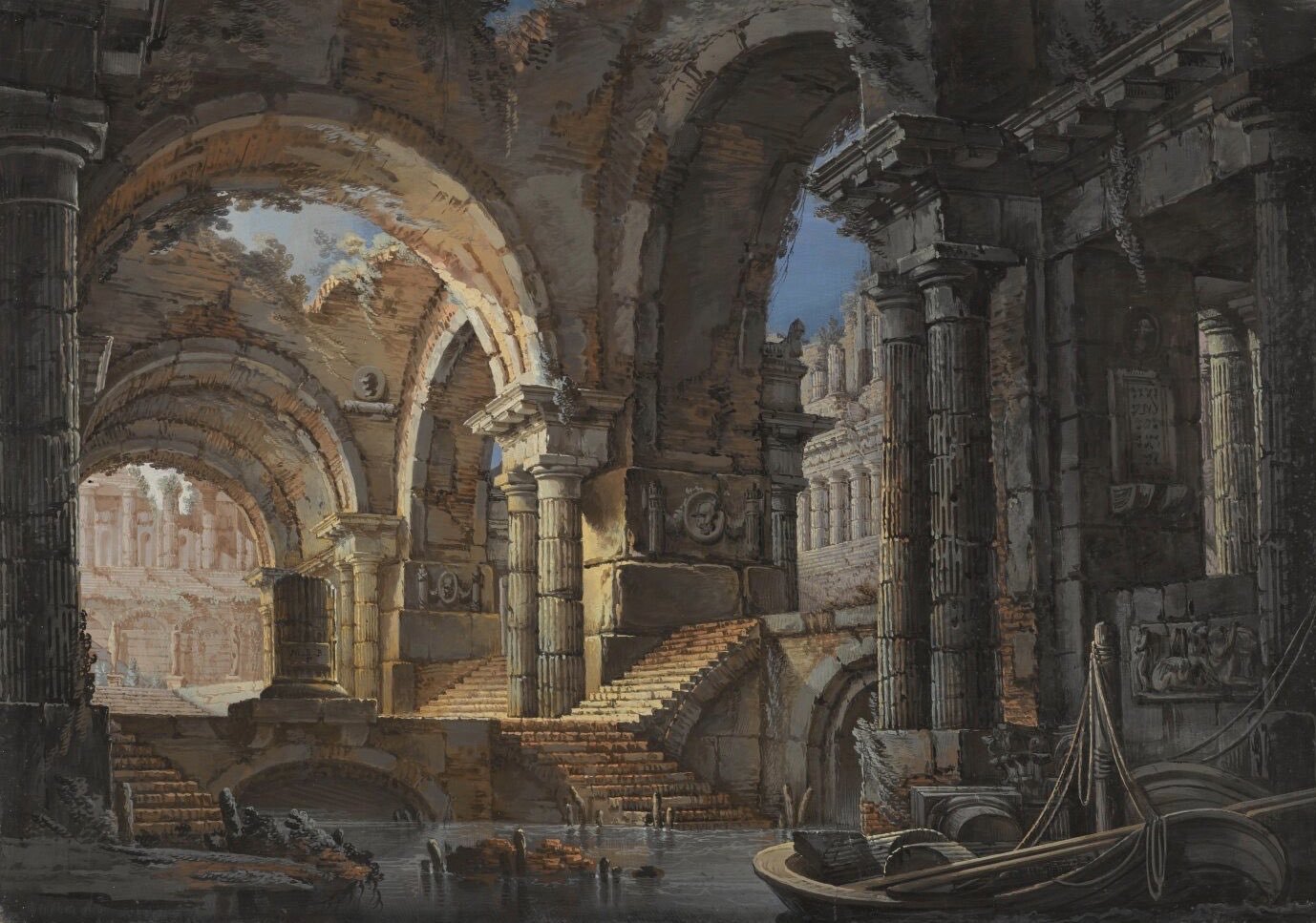 the image shows the ruins of a grand classical building, possibly a roman bath or basilica, with arches, columns, and a staircase leading down to a canal. a boat is moored in the foreground. the scene is bathed in warm, natural light, creating a sense of grandeur and decay.