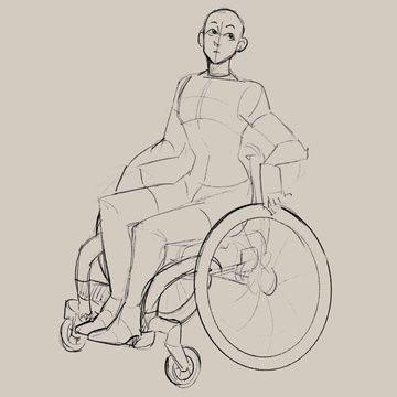 a line drawing of a person sitting in a wheelchair. the drawing is simple and detailed. the person appears to be a young adult with short hair and a casual outfit. the wheelchair is a standard model with large wheels and a seat with armrests.