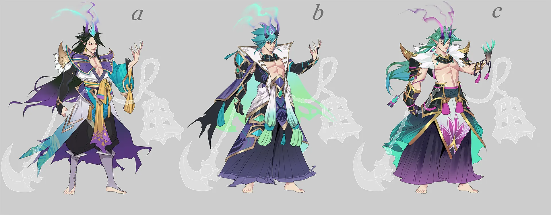 his image shows three different variations of a character design, labeled a, b, and c.  each variation depicts a male character with long hair, horns, and a flowing robe. the character appears to be some kind of warrior or priest, with a mystical or ethereal quality. the robes are primarily shades of purple and teal with turquoise accents. each variation has subtle differences in hairstyle, clothing details, and pose. the character also holds or has associated with him some kind of crescentshaped weapon attached to a chain. the background is a simple grey.