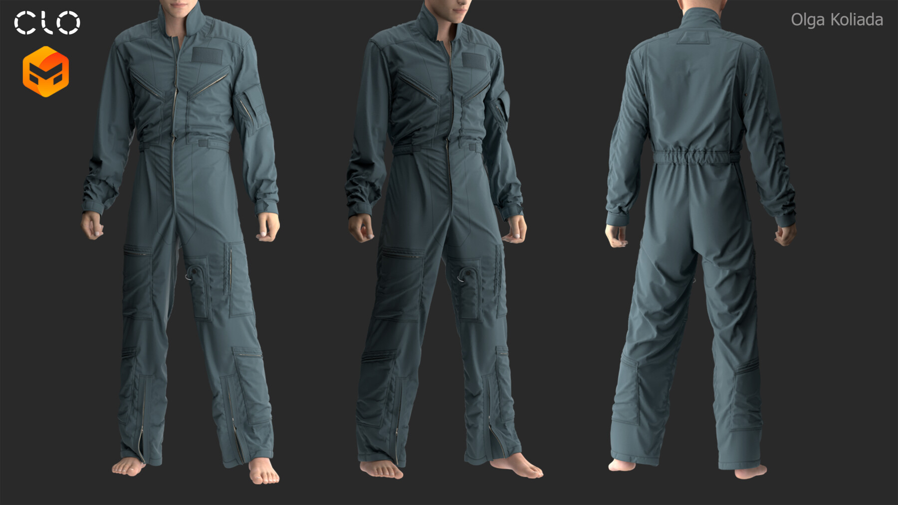 a 3d render of a male model wearing a blue flight suit. the model is shown from three different angles: front, side, and back. the flight suit has a zipper down the front, pockets on the legs and arms, and a belt with a buckle.  the model's skin is rendered with a natural color. the background is a simple dark grey color. the render is high quality and realistic.