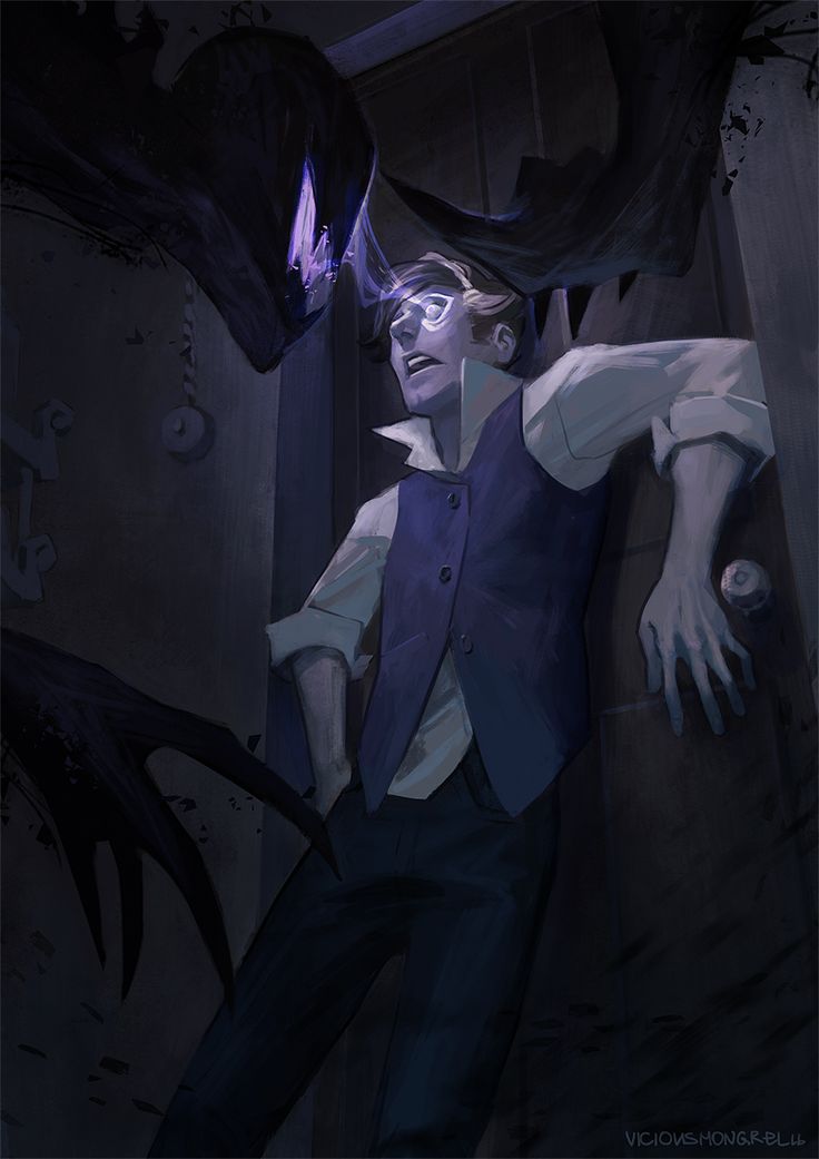 this image depicts a man, with a startled expression on his face, standing in a hallway with a shadowy, monsterlike figure. the shadowy figure appears to be moving toward the man, filling the doorway. the man's eyes are wide with fear, and his hands are raised in a defensive posture.