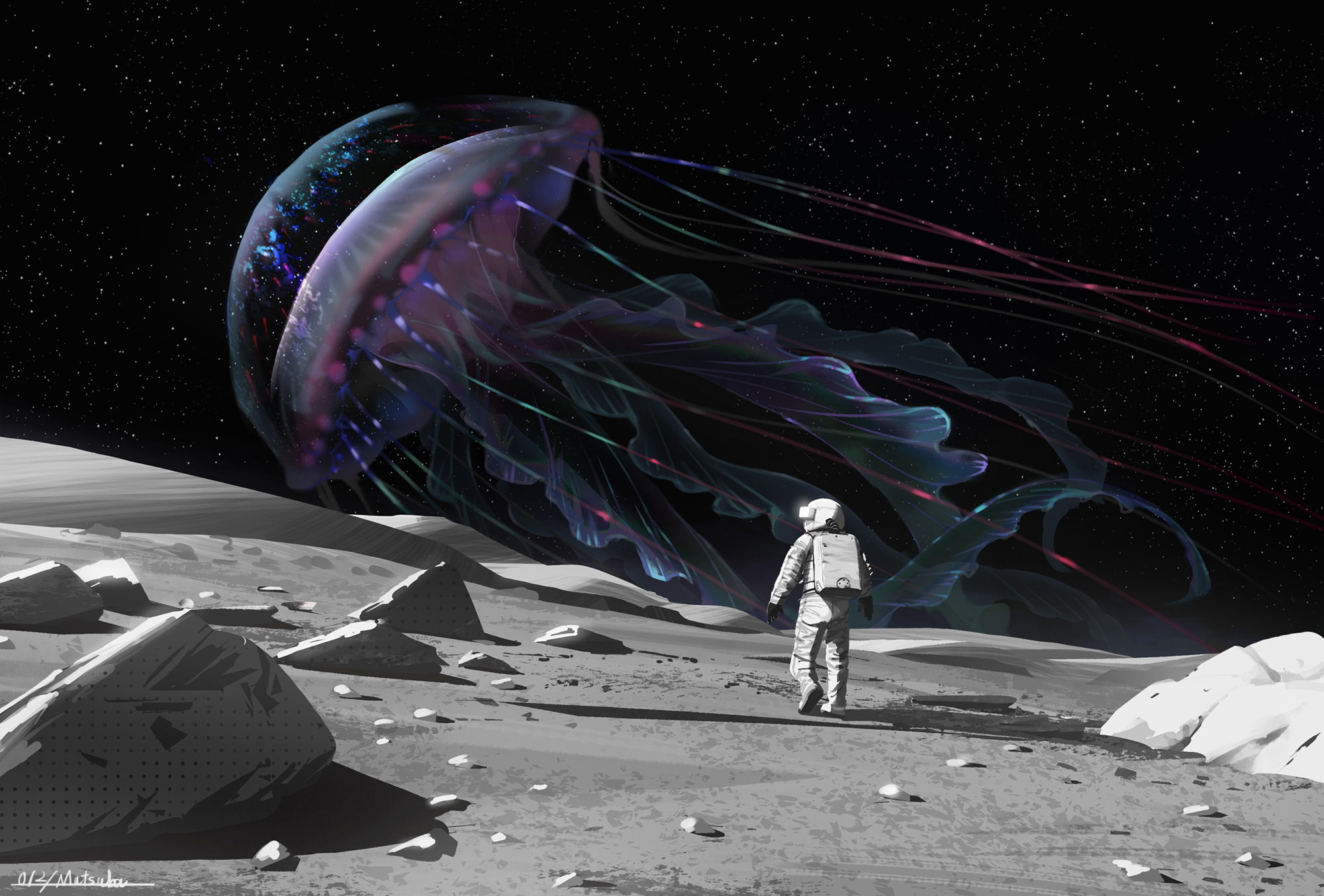 the image is a digital painting depicting a lone astronaut on a desolate lunar landscape.  the astronaut, clad in a white spacesuit, stands facing a massive, bioluminescent jellyfishlike creature floating in space. the jellyfish is incredibly large, its translucent body glowing with iridescent colors, primarily purples, blues and pinks, against the stark black background of space dotted with stars.  the scene is largely monochromatic, with the lunar surface rendered in grayscale, emphasizing the vibrant colors of the jellyfish and the astronaut's suit. the overall mood is one of surreal wonder and quiet solitude, suggestive of a science fiction narrative or a moment of cosmic discovery.  the style leans towards digital art, painting a mysterious and aweinspiring scene of space exploration.