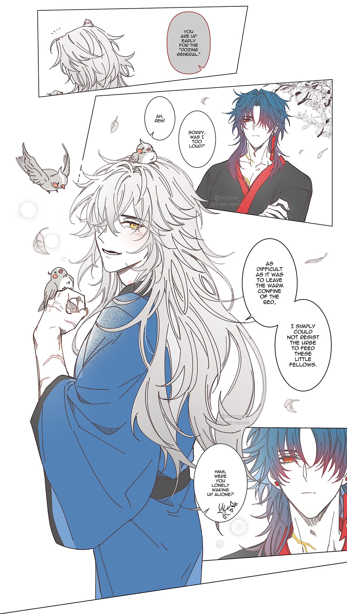 this image depicts a scene from an anime or manga. two men are depicted: one with white hair and a blue kimono, and the other with blue hair and red and black clothing. they seem to be talking to each other, and the man with white hair is holding a small bird in his hand. the image has a soft, pastel color scheme. the overall impression is of a lighthearted and romantic interaction between the two men.  it is likely that the image is a part of a larger story about love and companionship.