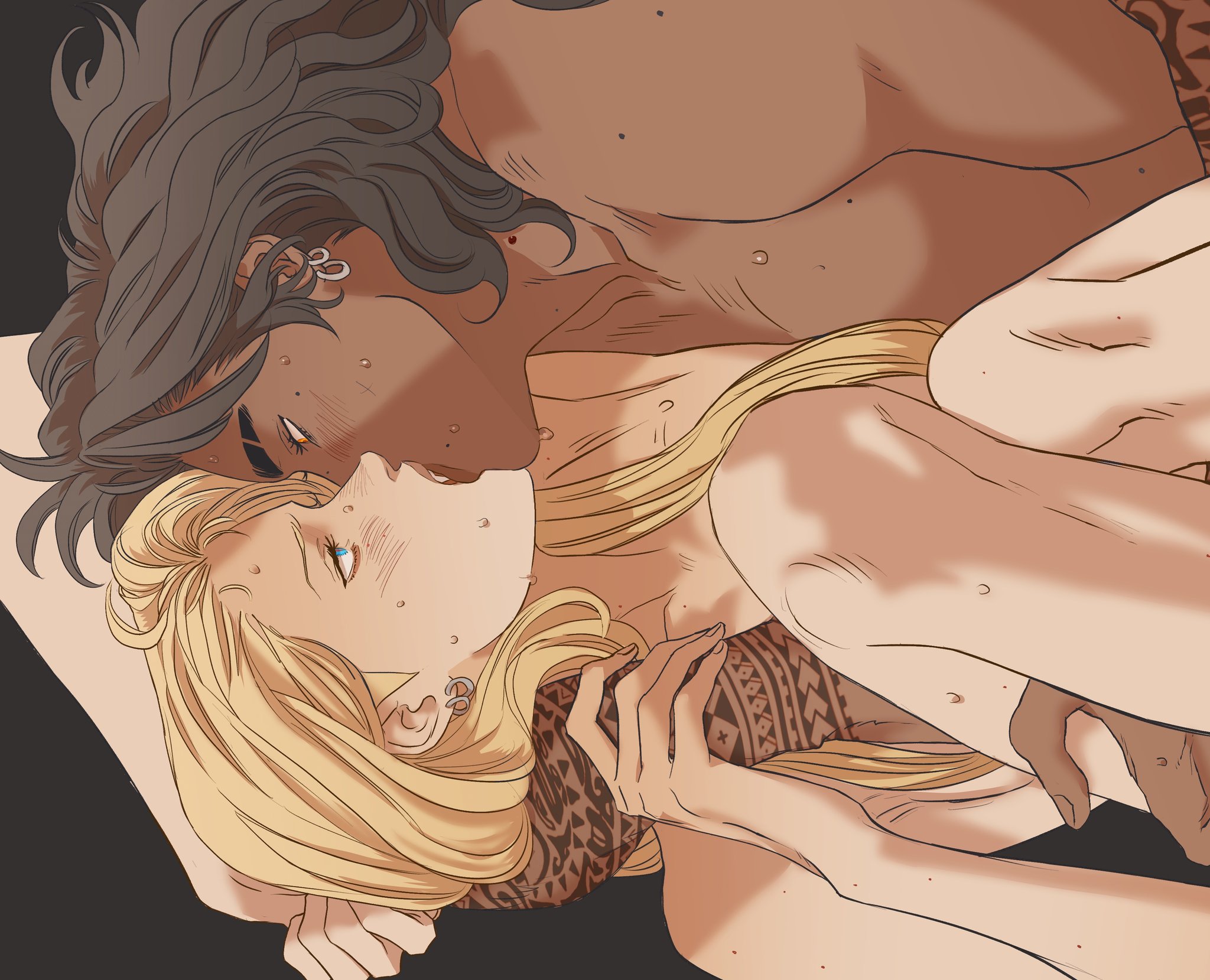 a mangastyle illustration depicts a romantic and intimate scene between two characters. a lightskinned person with long, blonde hair and blue eyes lies on their back, being kissed by a darkerskinned person with long, dark hair. the darkerskinned person has tattoos on their arm and shoulder. the couple is embracing, with their bodies intertwined. the scene appears to be romantic and sensual.