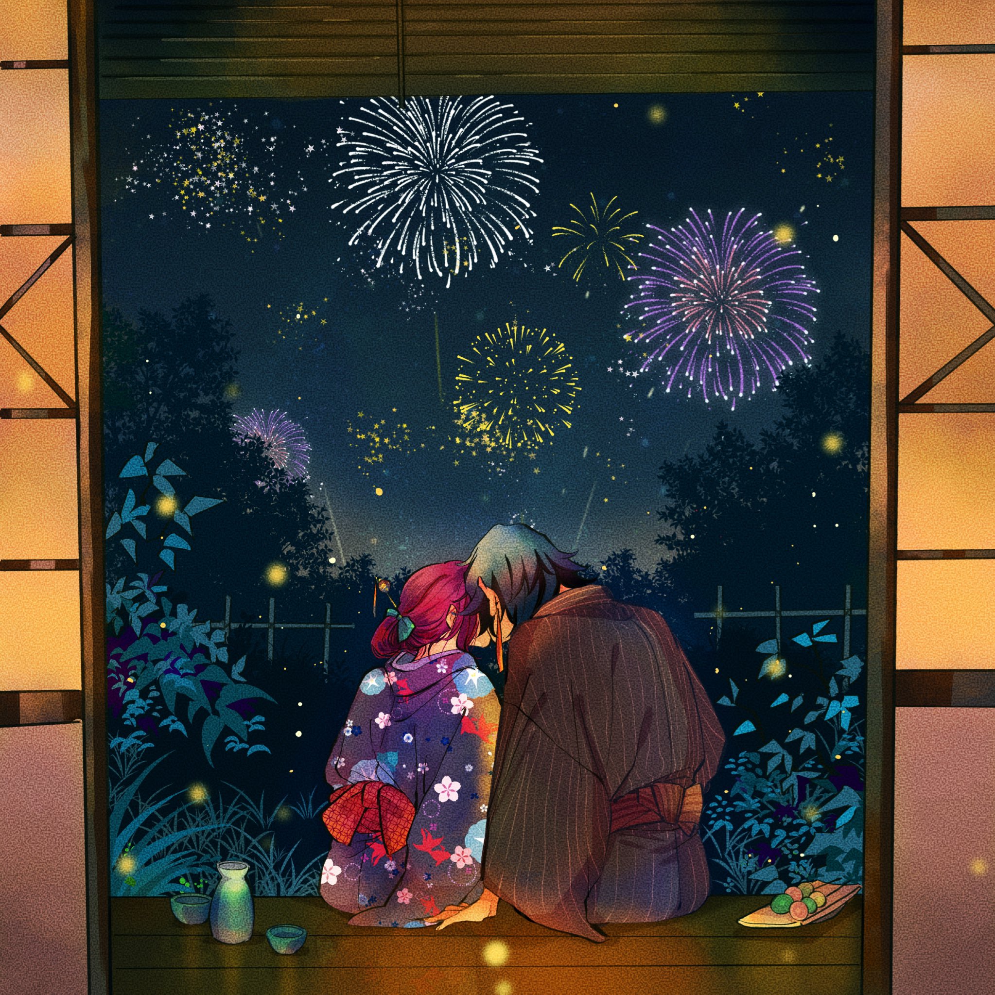 the image depicts an anime couple enjoying a fireworks display together. they are sitting on a balcony, overlooking a cityscape. the woman is wearing a beautiful yukata, while the man is dressed in a traditional kimono. the fireworks are exploding in the sky behind them, creating a magical and romantic atmosphere. they look happy and content, enjoying each other's company on this special night. the image is full of details, from the intricate patterns on their clothes to the glowing fireflies in the air. it's a beautiful and heartwarming scene that captures the joy and excitement of summer festivals.