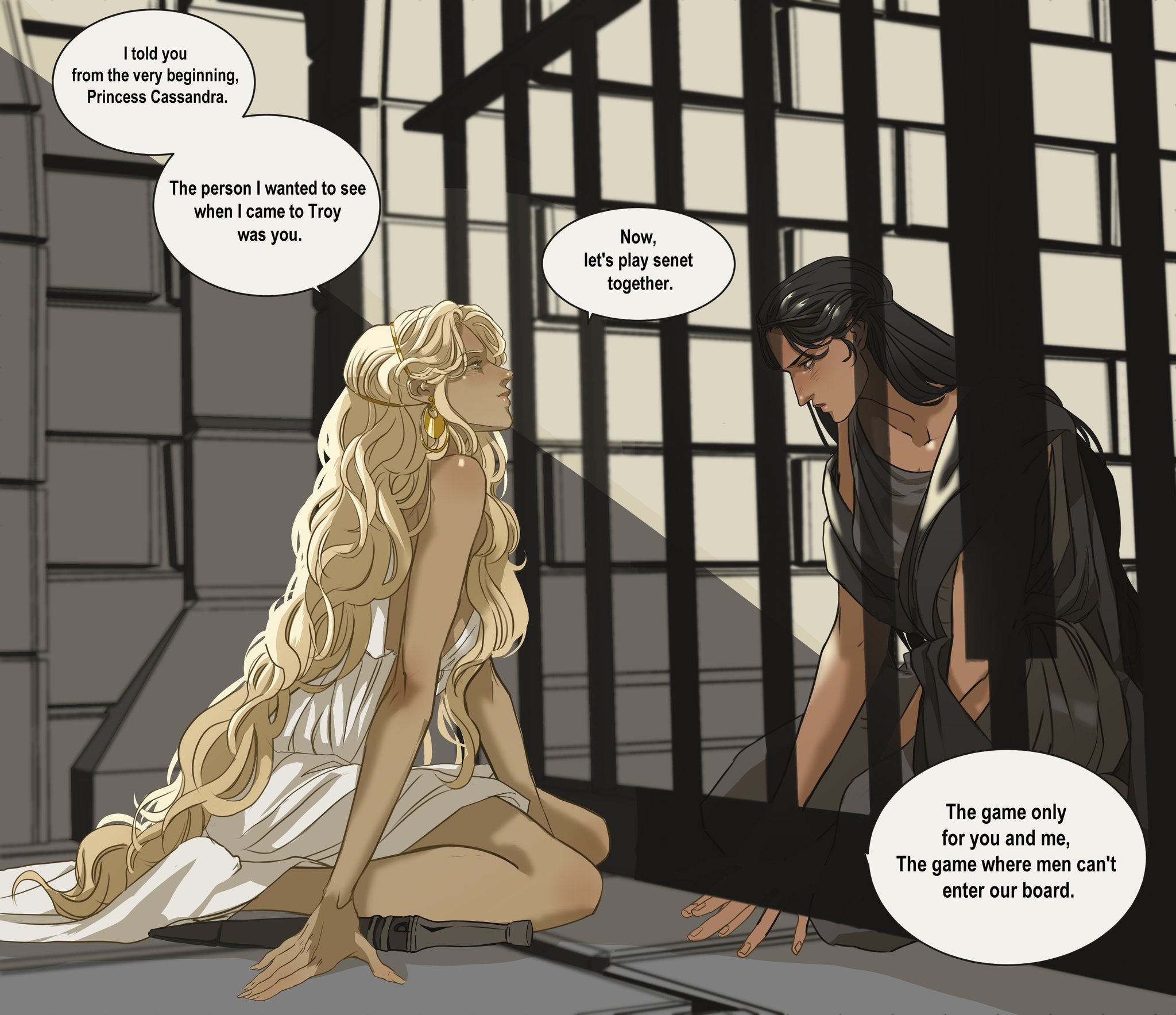 the image is a comic panel featuring two women in what appears to be a prison setting. one woman with long blonde hair sits on the floor, while the other with long black hair is behind bars. they are engaged in a conversation, with dialogue bubbles indicating what they are saying. the dialogue suggests a personal connection and a desire to play a game of senet together, with the game being described as exclusive to them. there is also mention of troy and princess cassandra.