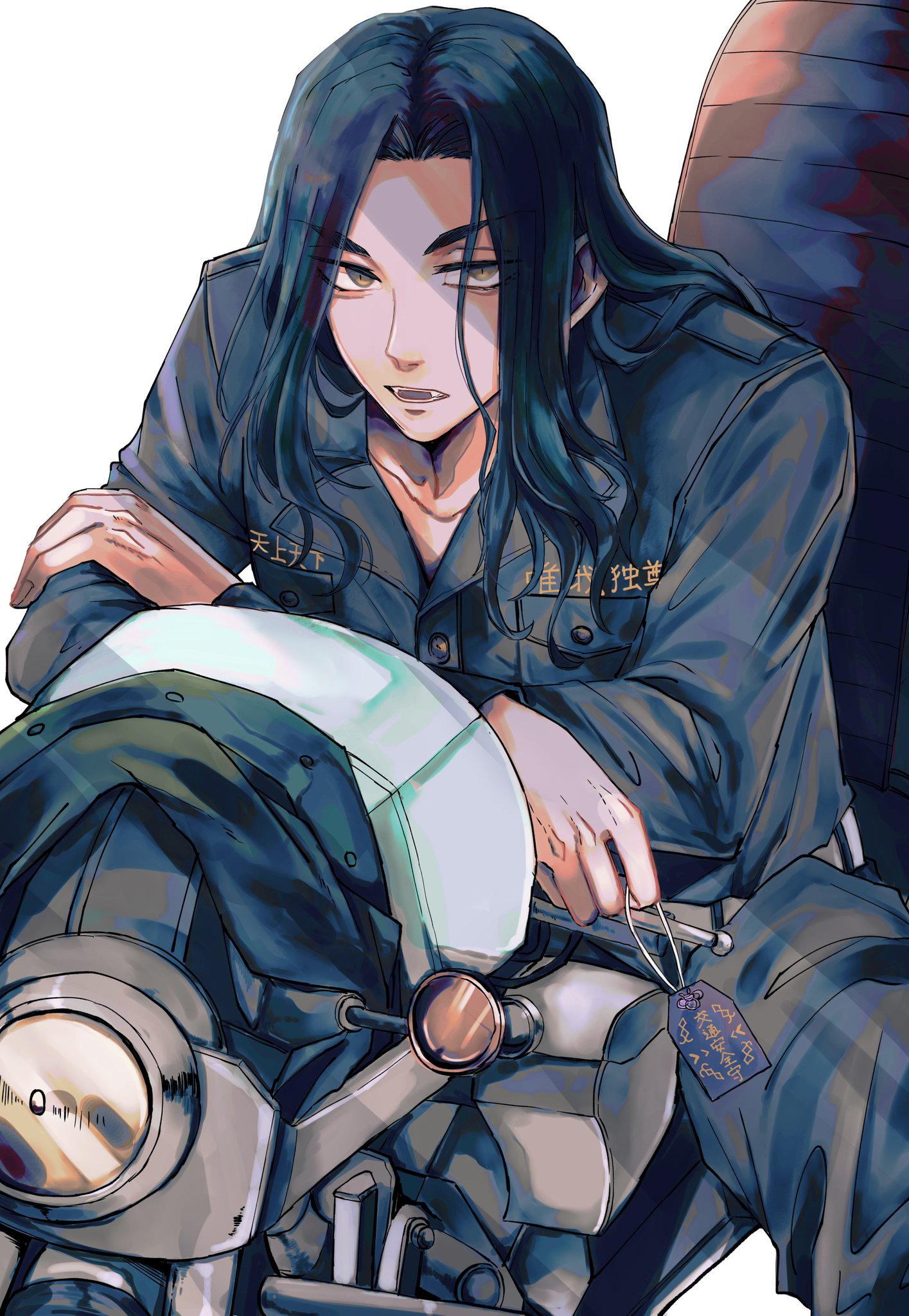 a portrait of a male anime character with long black hair. he's wearing a blue jacket, is seated and looking towards the viewer. he's leaning on a motorcycle with a white and grey helmet.  he's surrounded by a light blue background with a small amount of white visible. there are a lot of details in the drawing including a closeup on the jacket and the motorcycle, as well as on the character's hair. the overall mood of the image is dark and moody.