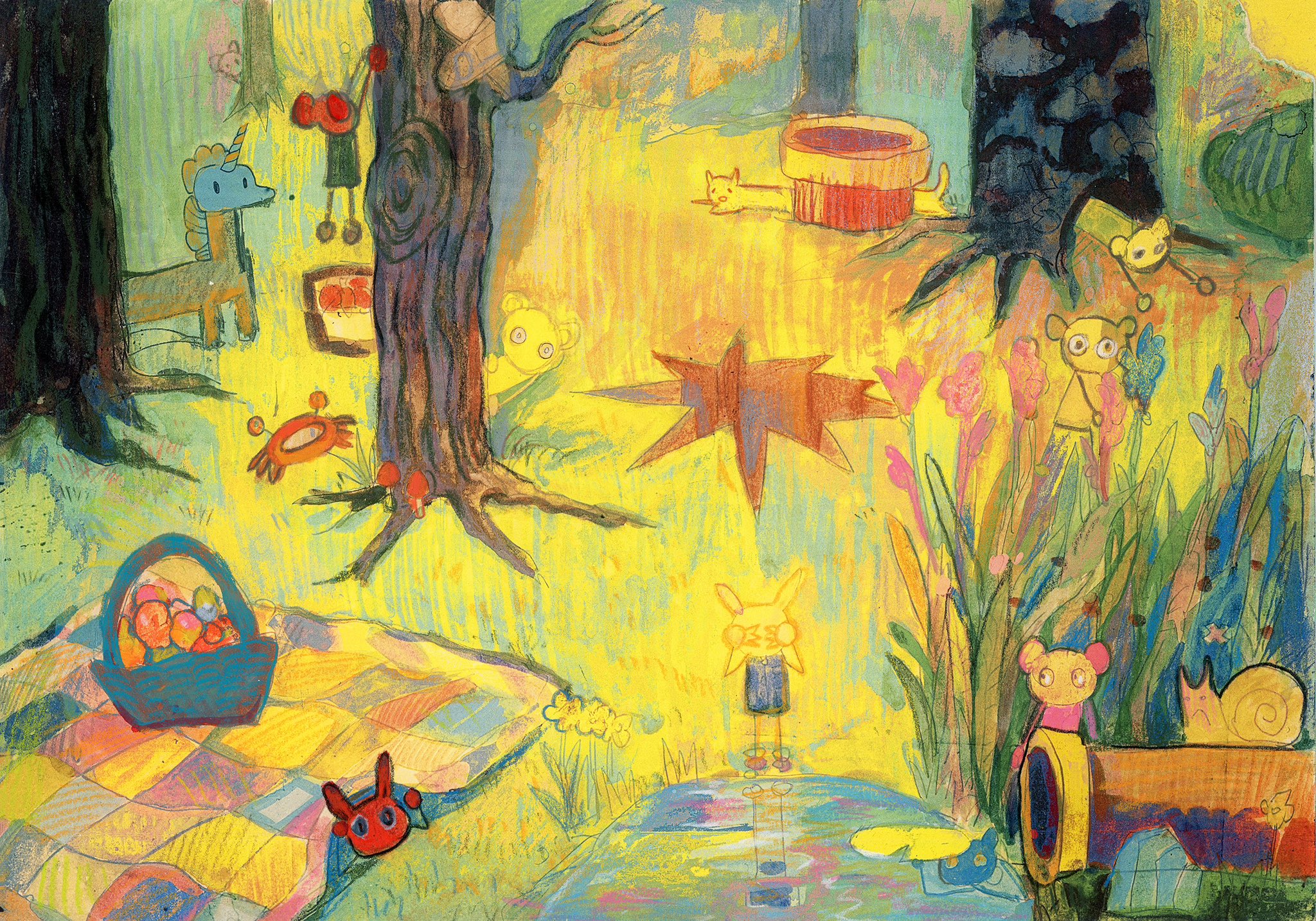 the image depicts a whimsical picnic scene in a forest clearing bathed in warm sunlight. anthropomorphic animals and creatures are scattered throughout the scene, some lounging by a picnic basket filled with colorful eggs, others peeking from behind trees or playing near a pond. the art style is childlike and imaginative, with vibrant colors and simple shapes.