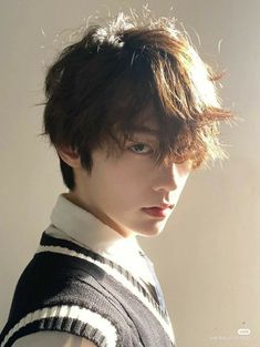 closeup portrait of a young man with a stylish, tousled hairstyle. he has soft, androgynous features and wears a white collared shirt under a black sweater vest with white stripes. the lighting is natural and casts soft shadows on his face, highlighting his delicate features. the image has a warm, inviting feel and showcases a contemporary, fashionable aesthetic.