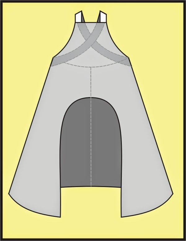 the image shows a schematic drawing of a garment that resembles an apron or a dress pattern. it has straps over the shoulders that cross over the front, a rounded opening in the center, and flared side panels. the overall design is symmetrical and depicted in shades of gray on a yellow background.