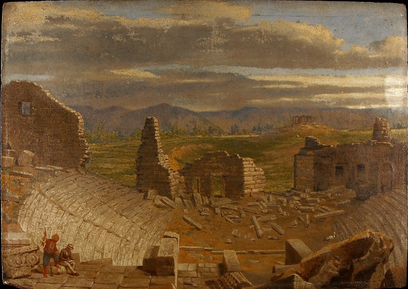 the painting depicts an ancient ruin landscape. in the foreground, there are partially destroyed buildings, with two figures sitting or standing near the ruins. the background showcases a field with mountains and a cloudy sky. the architecture of the ruins suggests an ancient historical context.