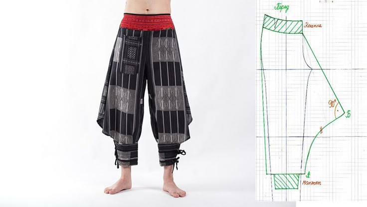 the image shows a person wearing patterned harem pants and a sewing pattern or diagram of similar pants next to it. the pants are black and grey, featuring a red waistband and tie details at the ankles. the diagram, in green ink on graph paper, shows the shape and measurements for creating a pair of pants.