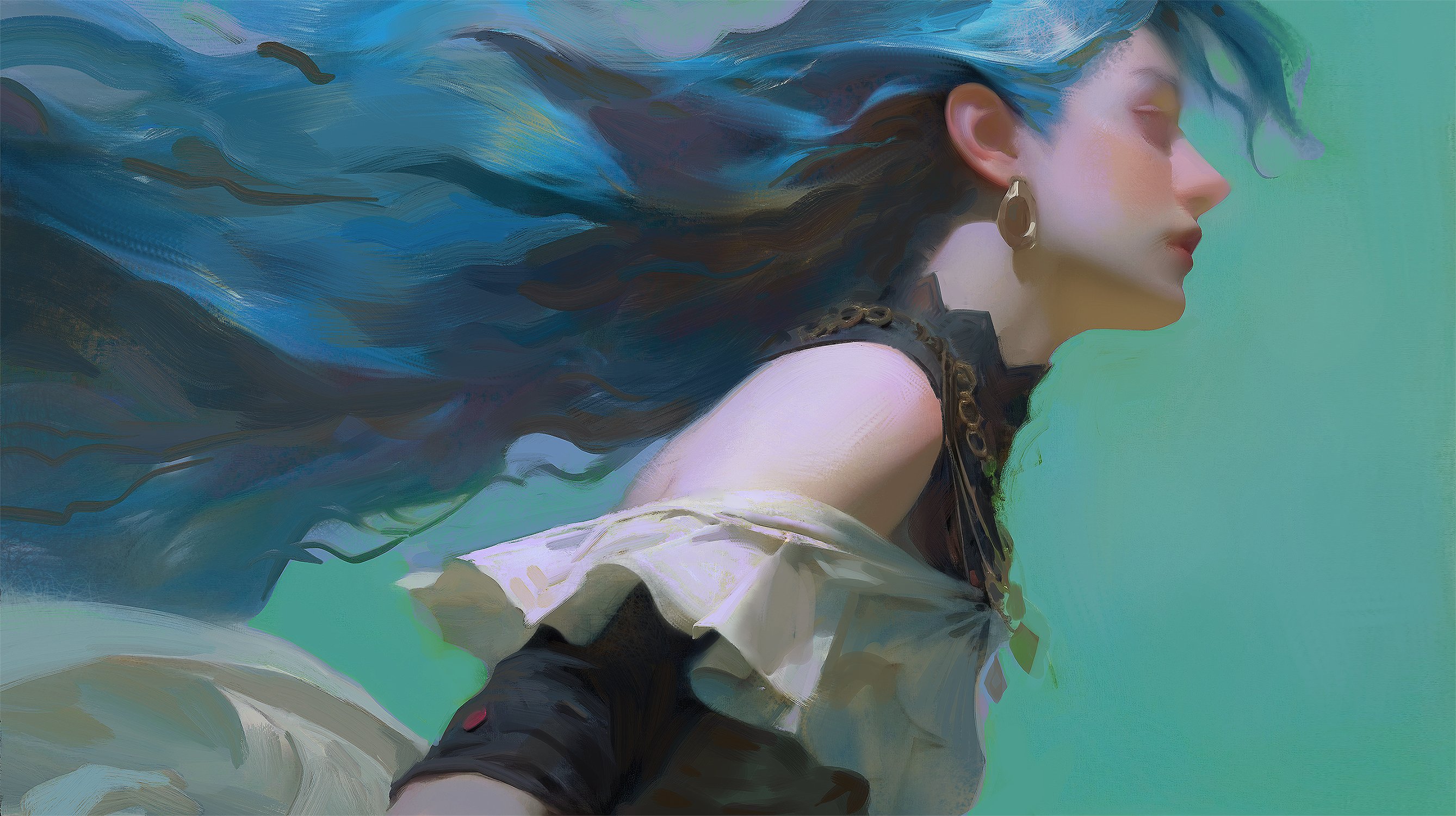 a woman with long flowing blue hair is painted in a mystical, ethereal style. she is wearing a white dress and her hair is blowing in the wind. the background is a soft green color. the painting is very stylized and abstract.