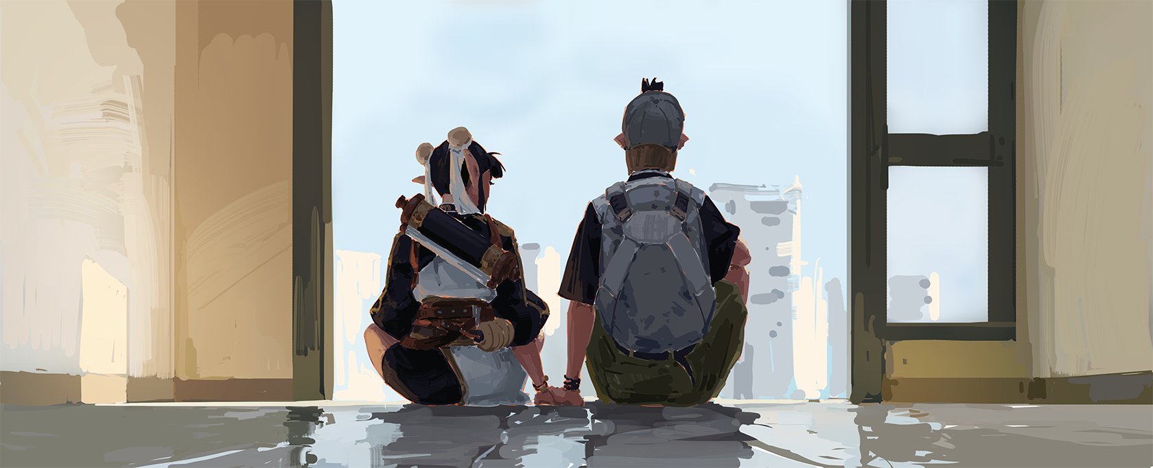 the digital painting depicts two young characters, one possibly elven or of similar fantasy race, the other seemingly human, sitting sidebyside with their backs to the viewer.  they are positioned in front of a large window overlooking a city skyline. the elven character wears a distinctive outfit with a quiver and what appears to be a sword strapped to their back. the other character has a backpack. the overall style is painterly and somewhat loose, with visible brushstrokes creating a soft, dreamy atmosphere. the color palette is predominantly soft and pastel. the scene suggests a sense of contemplation, perhaps a pause in their journey or a shared moment of reflection.