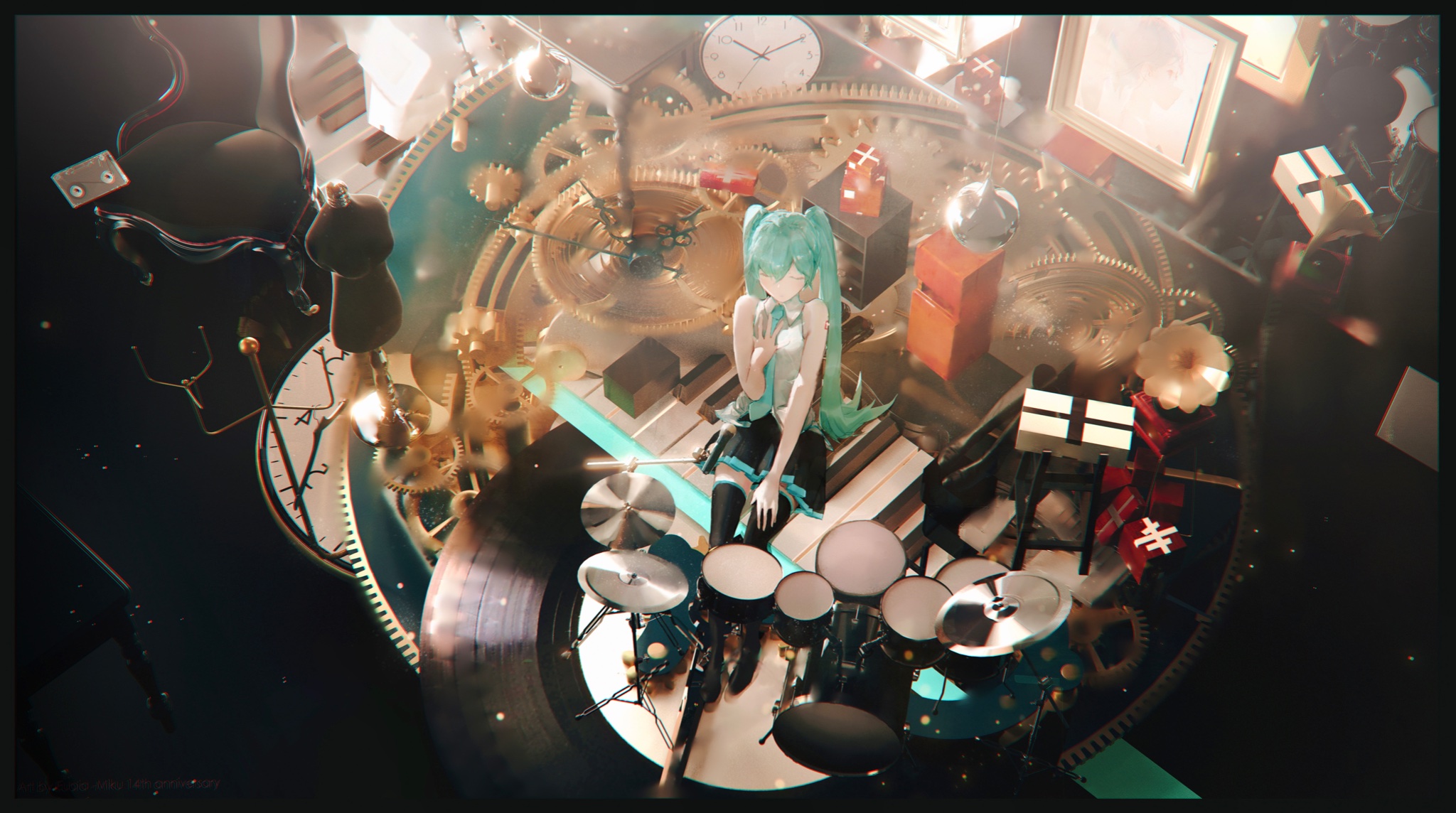 the image is a vibrant and whimsical digital painting depicting hatsune miku, a popular virtual singer, seated at a drum set within a fantastical clockworkthemed room. the room is filled with intricate gears, cogs, clocks, and presents, creating a surreal and enchanting atmosphere. miku is dressed in her signature teal and black outfit, holding drumsticks while gazing serenely at the viewer. the overall style is a blend of anime aesthetics and steampunk elements, with a dynamic composition that draws attention to miku while showcasing the fantastical details of her surroundings. the lighting is bright and colorful, enhancing the magical quality of the scene. the level of detail and artistry is high, conveying a sense of both precision and imagination.