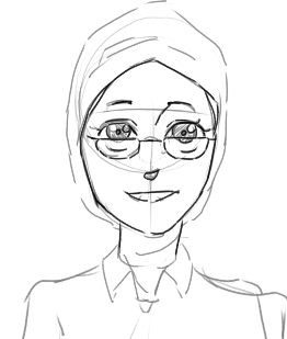 it is a black and white sketch of a female anime character wearing a hijab and glasses. she is wearing a collared shirt.