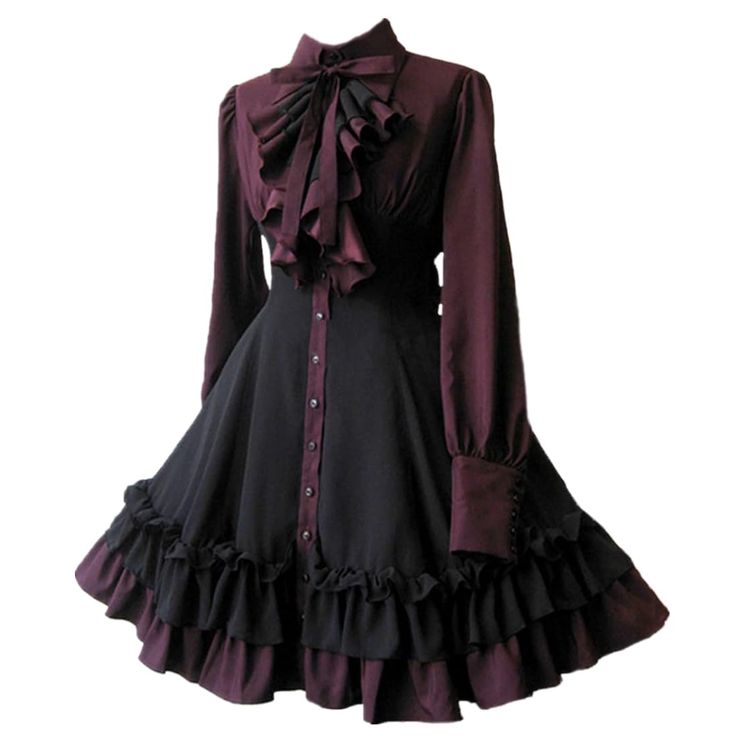a black and burgundy lolita fashion dress is shown against a white background.  the dress has a ruffled, high neckline and long sleeves. the bodice of the dress is black with burgundy buttons down the front. the skirt of the dress is black with burgundy ruffles at the hem.
