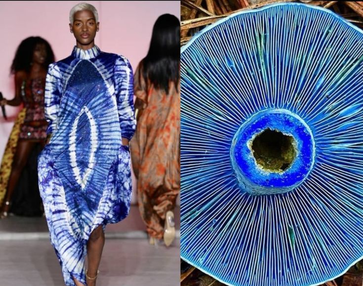 the image is a split image. on the left side, a model is walking down a runway wearing a blue and white tiedye dress. on the right side, a closeup image of a blue mushroom with a ring of green spores in the center. the contrasting colors and textures create an interesting visual juxtaposition.