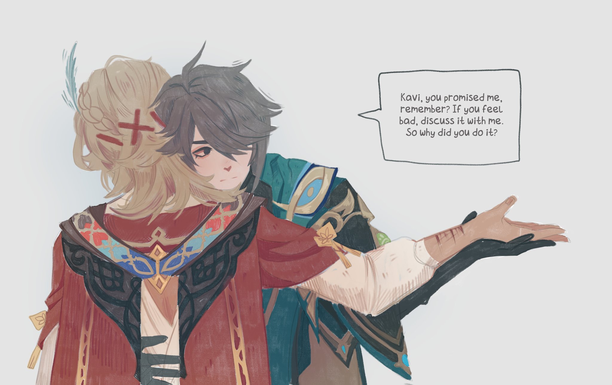 the image is a digital illustration of two anime characters, kavi and someone else, who are in a romantic relationship. the characters are hugging, and kavi is looking sad and heartbroken. the other character is trying to comfort kavi and asks why he did it. the image is drawn in a soft, pastel style and has a romantic, loving vibe.