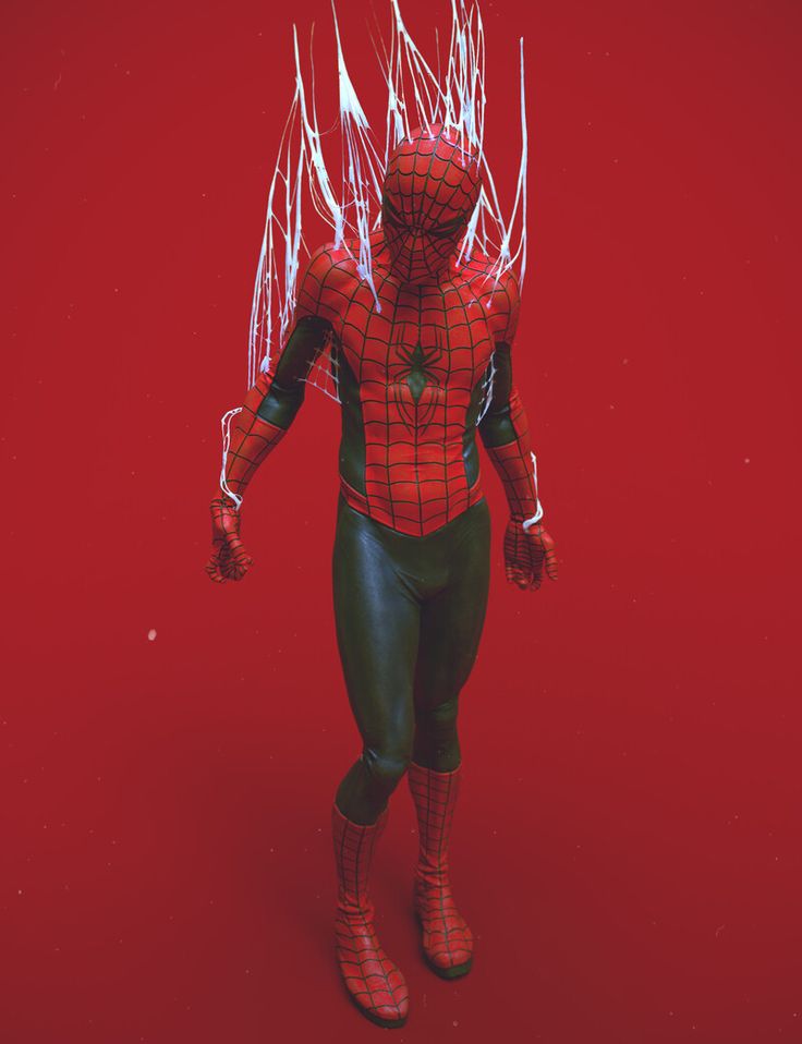 a digital painting of spiderman standing on a red background. he is wearing his iconic red and blue costume, including a mask. he is posing with his arms slightly raised and his legs spread slightly apart. the background is a solid red color, and there are some white webs trailing from behind him.