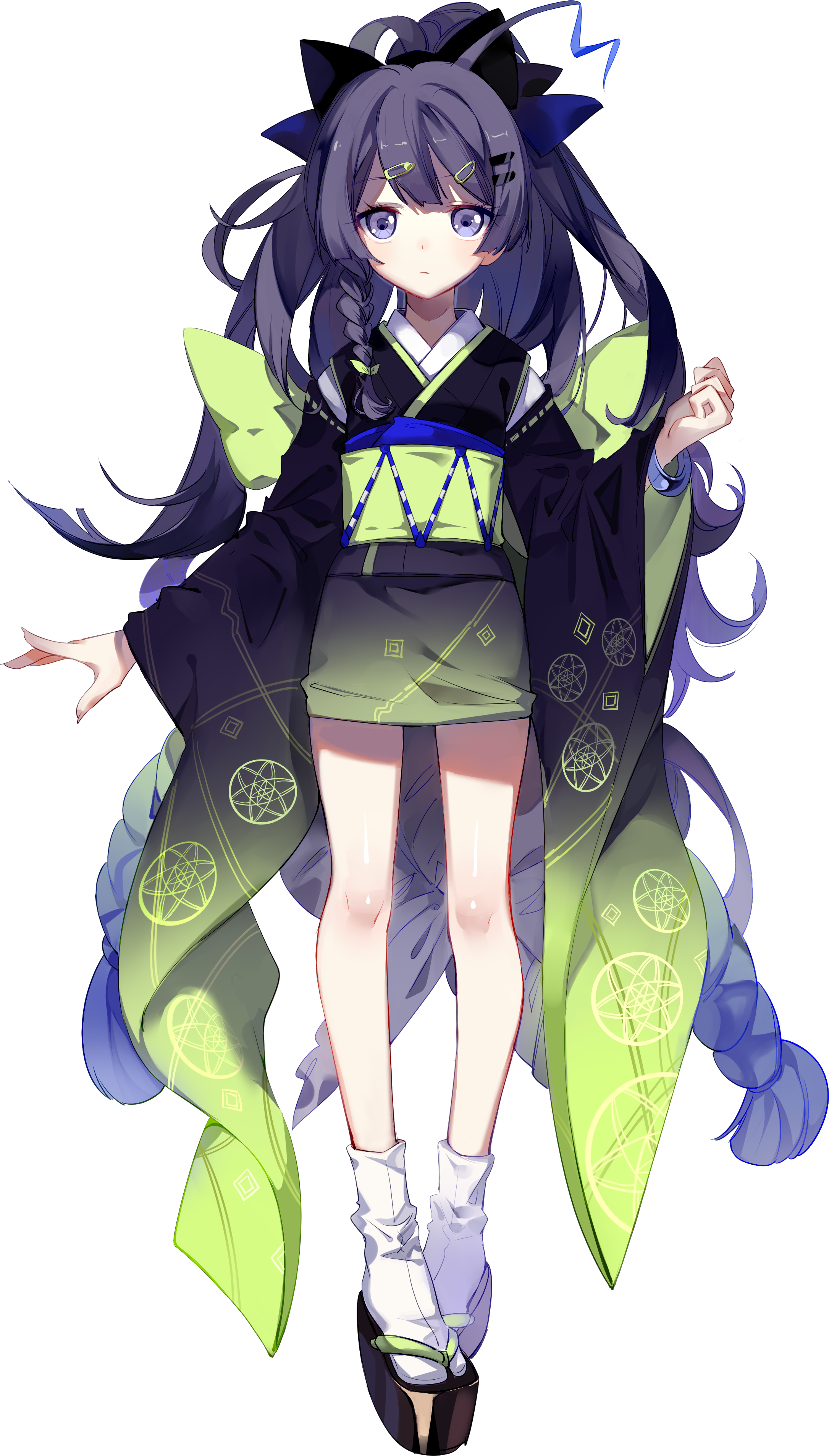this is a digital illustration of a young woman with long purple hair and blue eyes, dressed in a stylized green and black kimono. she's standing with her arms slightly outstretched and her feet together. her outfit includes long, flowing sleeves, a short skirt, white socks, and traditional japanese sandals. her hair is adorned with large blue ribbons, and she has a single blue streak in her bangs. the illustration is set against a plain black background, making the character and her vibrant clothing pop. the lighting suggests a studio setup, further highlighting the subject.