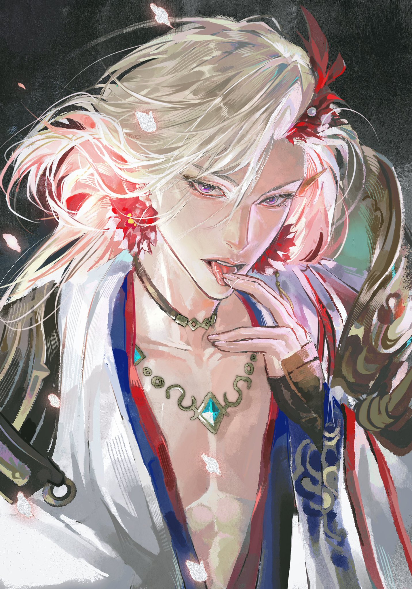 a handsome anime character with long white hair, wearing a white kimono and gold jewelry. they are looking at the viewer with a mischievous expression, one finger in their mouth. there are hints of red and blue colors on their outfit, suggesting a fantasy world or a special occasion.