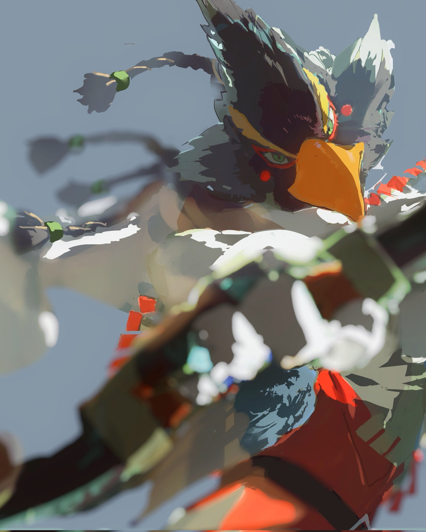 the image features a stylized birdlike warrior in midbattle. the warrior is clad in white and red garments and has green beaded braids. the warrior's face is fierce and focused, with piercing green eyes. they are wielding a large weapon, possibly a bow or staff,  which is partially obscured due to the dynamic, closeup perspective. the background is a neutral bluegray that emphasizes the warrior's movement and the vibrant colors of their attire. the overall style is dynamic and actionoriented, with a focus on motion and energy.