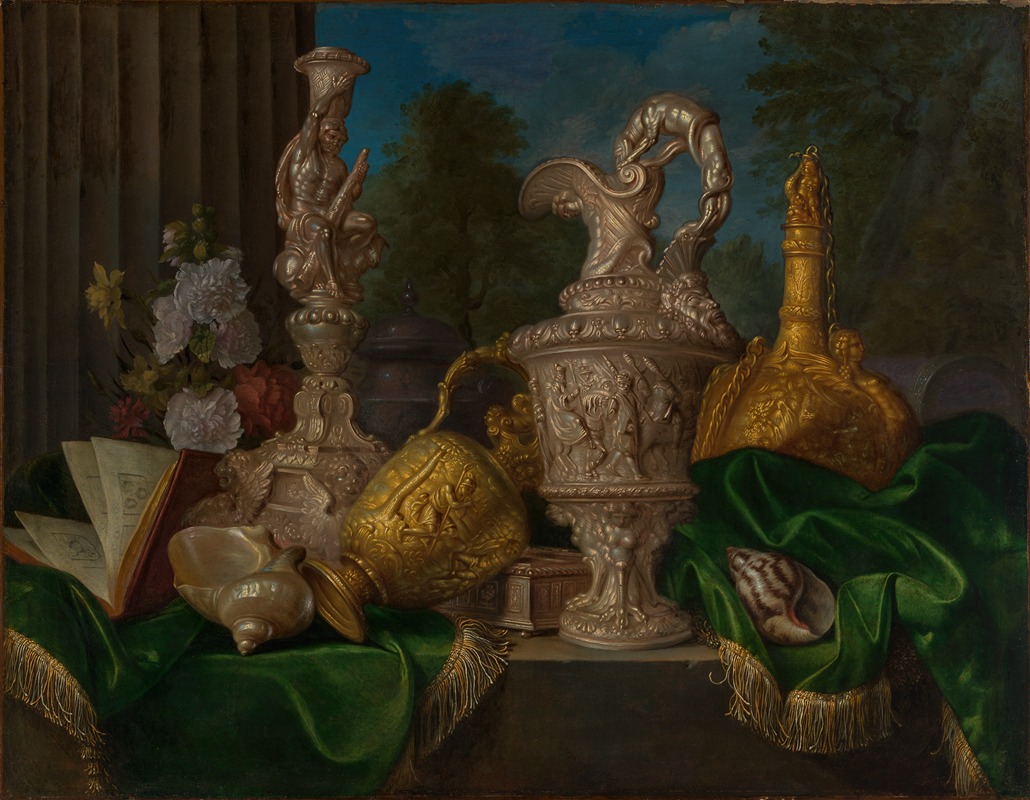 a still life painting depicts an arrangement of various objects on a table covered with a green cloth. the objects include a bouquet of flowers, an open book, a silver candle holder, a silver pitcher, a gold vase, a gold flask, and two seashells. a landscape is visible in the background. the objects are arranged in a way that creates a sense of balance and harmony.