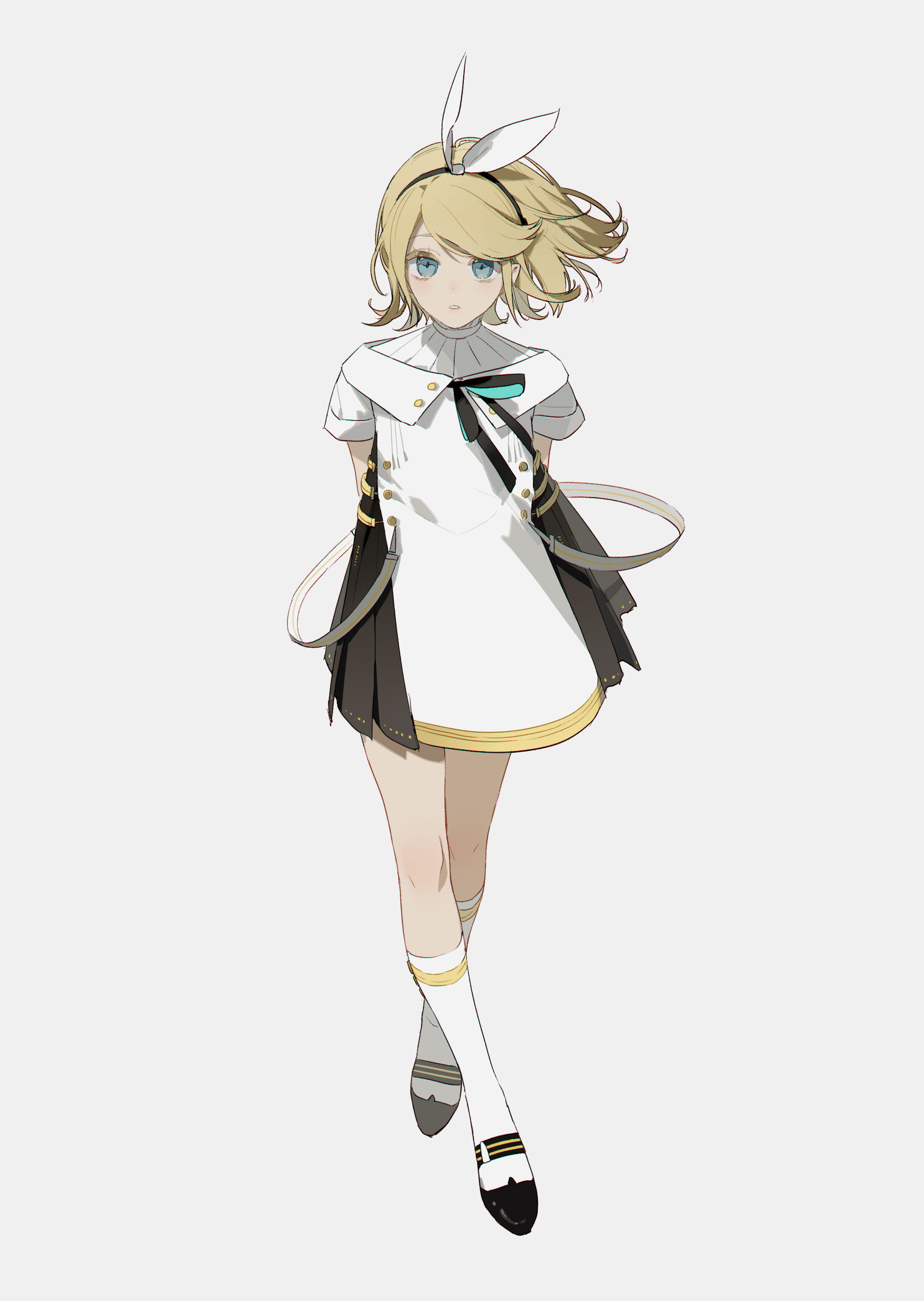 an anime girl with blonde hair and blue eyes stands in the center of the image, facing the viewer. she wears a white dress with black accents and a small teal bow at the neck. her legs are covered in white socks with gold rings, and she wears black shoes. a white hair ornament sits atop her head. the background is a plain white.
