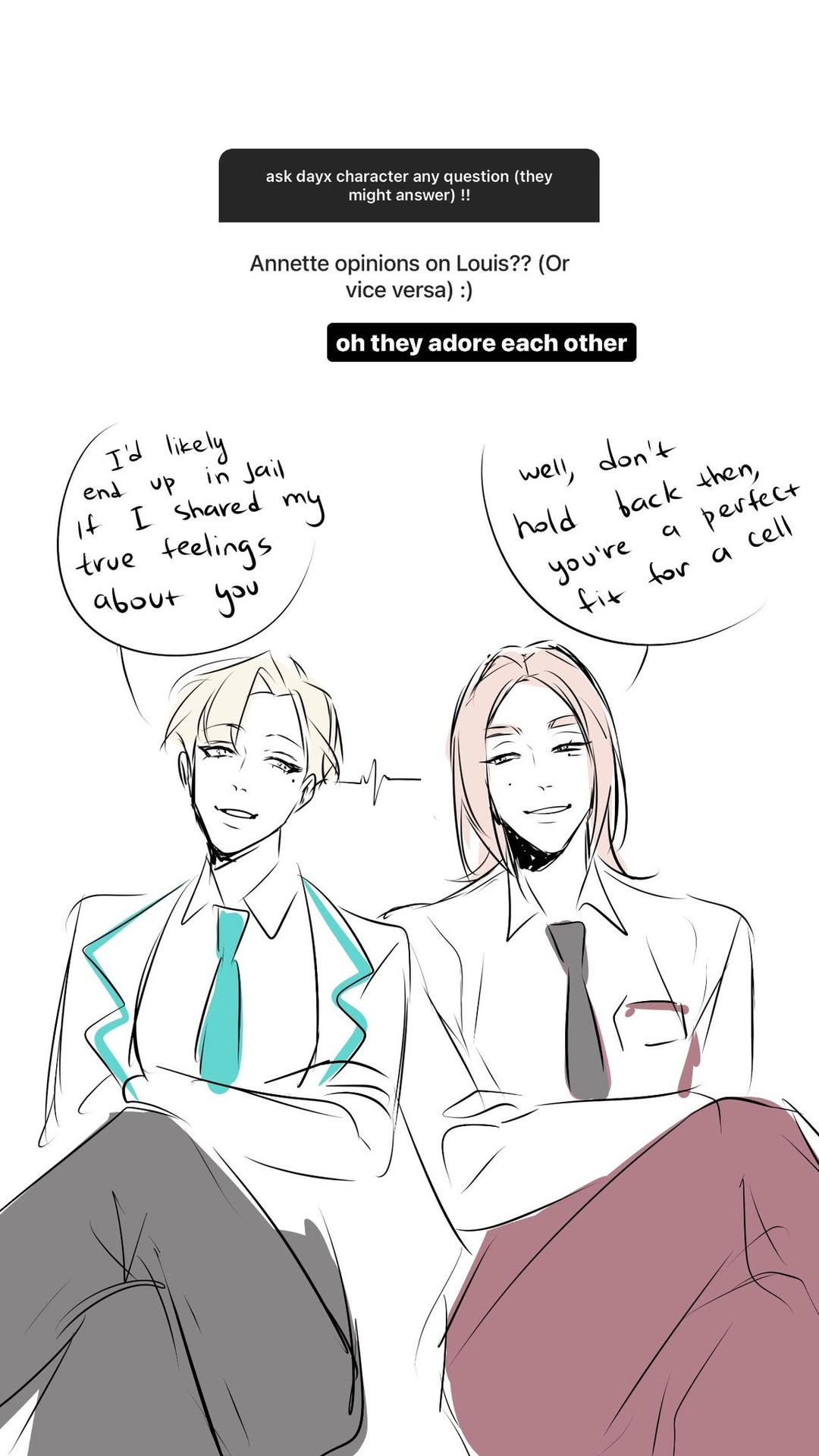 the image is fanart depicting two characters, annette and louis, likely from a series called "dayx," based on the text. it's drawn in a manga/anime style with speech bubbles showing their thoughts and feelings about each other.  annette expresses concern about the potential consequences of revealing her true feelings, while louis encourages openness. the overall tone suggests a strong, mutual affection between the two characters.  the style is a casual, expressive sketch with light coloring.
